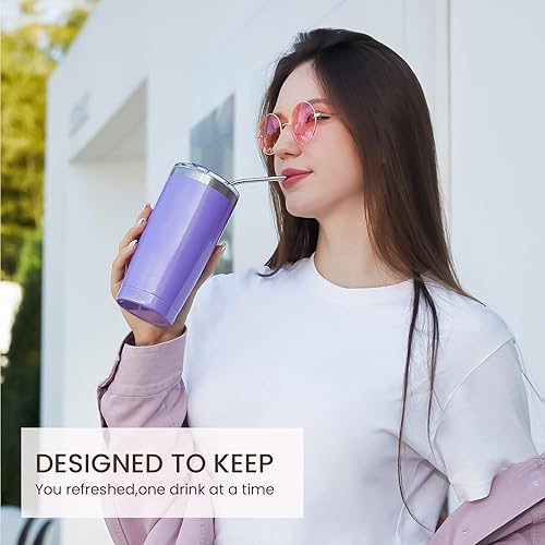 Miniatura 4 de MEWAY Paquete de 8 vasos de 20 onzas con aislamiento al vacío de doble pared con purpurina, vasos de acero inoxidable con tapa y pajilla, tazas de