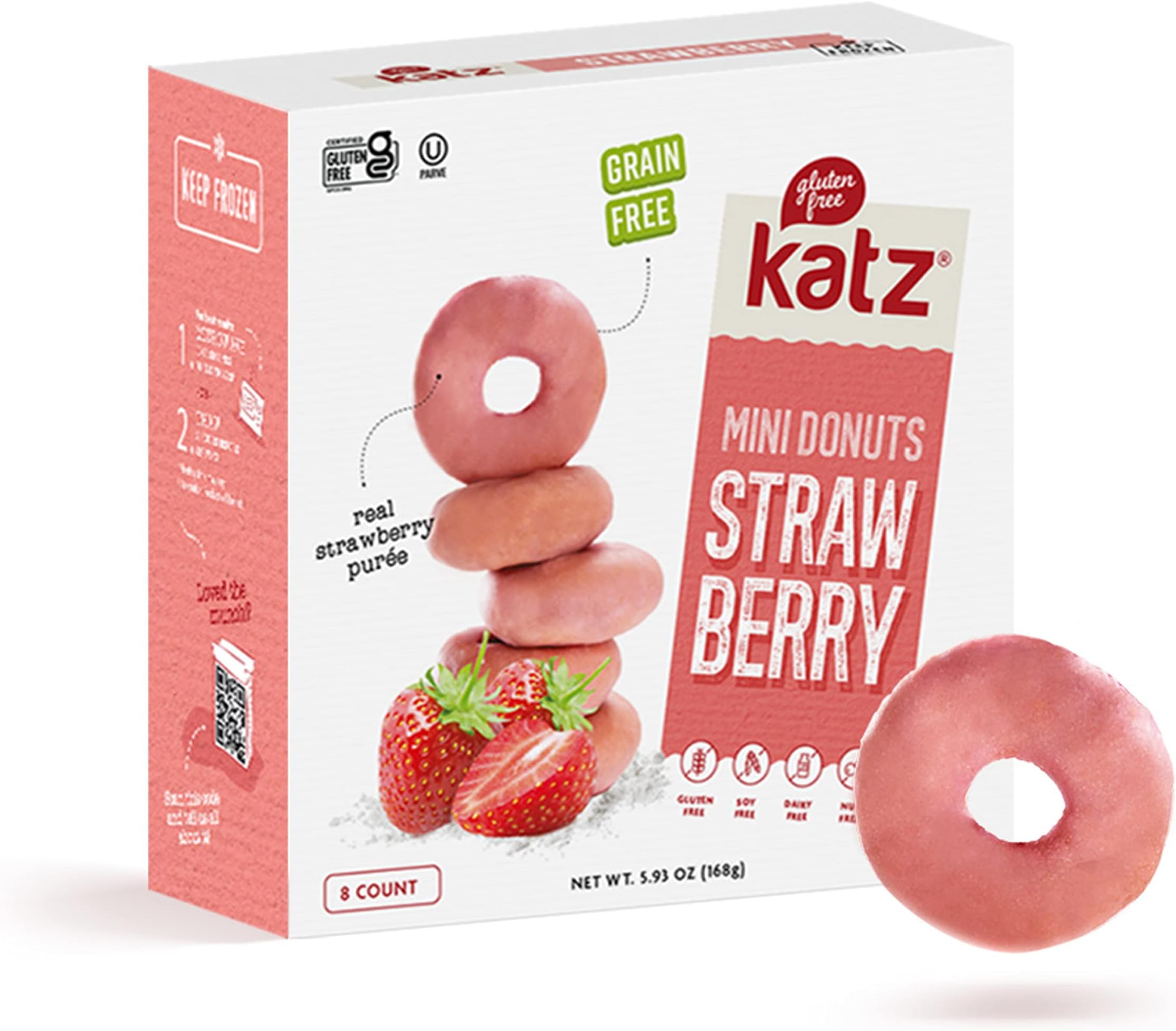 Katz Gluten Free Mini Strawberry Glazed Donuts. Fresh Baked Donuts Made with Real Pureed Strawberries. Grain Free. Tree Nut Free, Peanut Free. Dairy Free. Soy Free. Kosher. 8 Donuts. 6 oz. (Pack of 1)