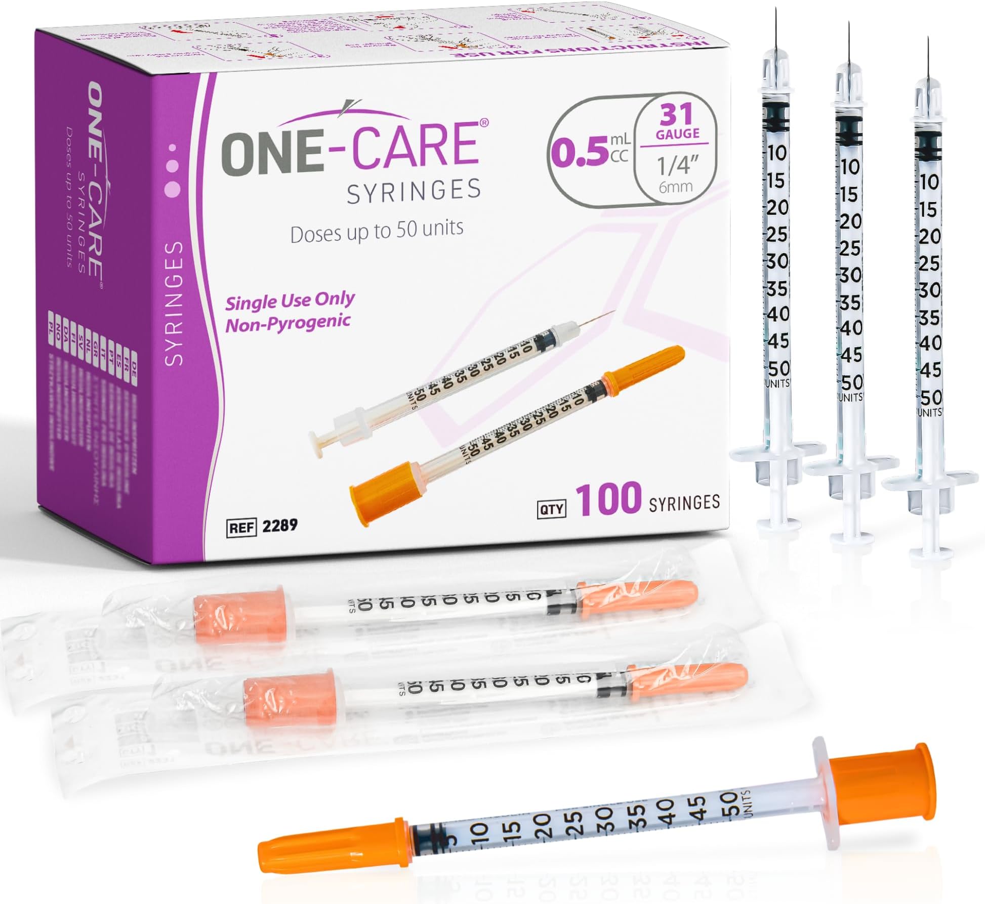 ONECARE Syringes 0.5ml/cc, 31G x 1/4" (6mm), Individually Packaged, Orange Cap, Box of 100