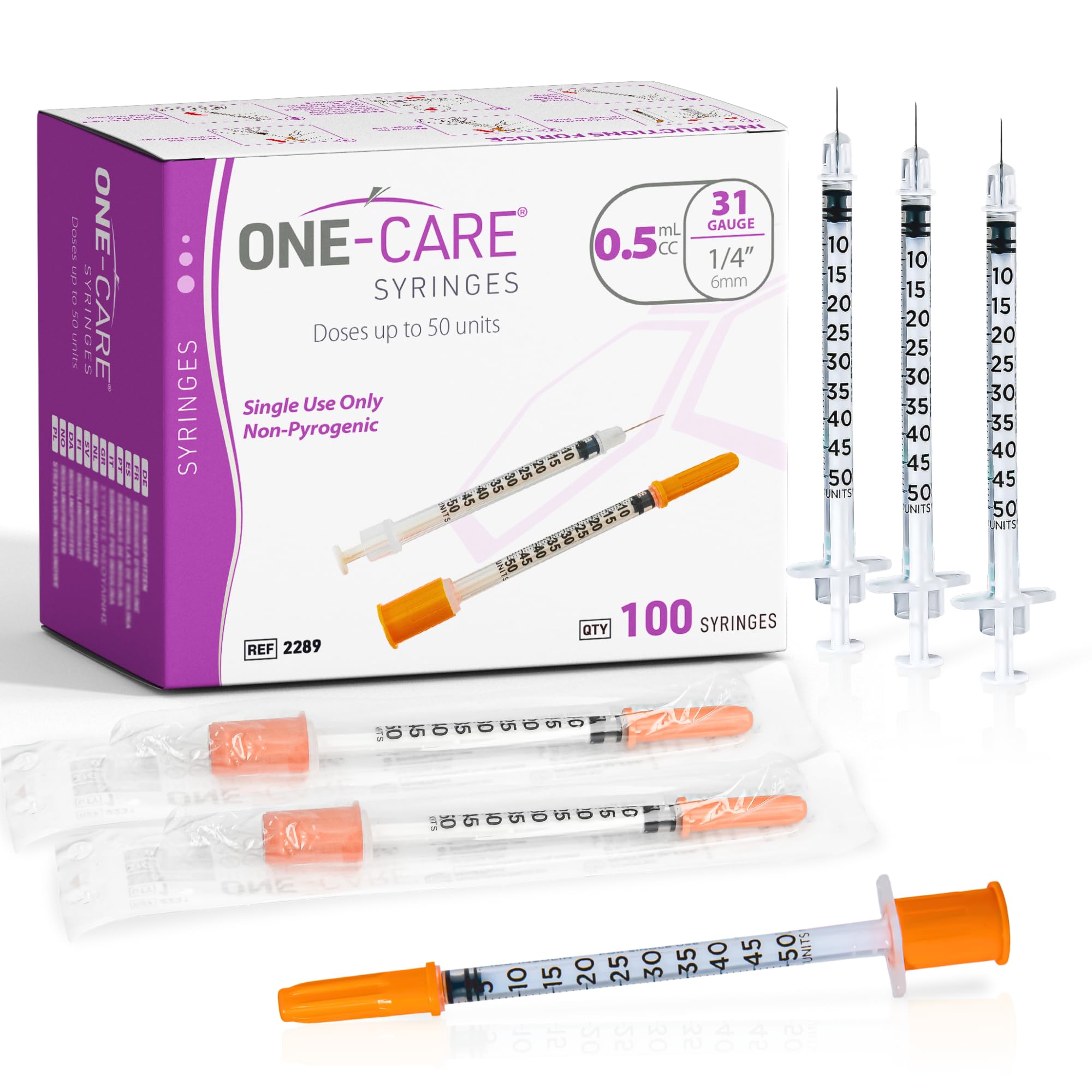 ONE-CARE Syringes 0.5 ml/cc, 31G x 1/4" (6mm), Orange Cap, 100pcs/bx