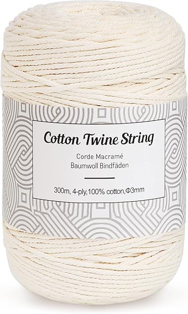 Homewit Macrame Cord, 3mm x 300m Cotton Macrame Rope, 4-ply 10 strands Twisted Soft Unstained Cotton Rope for Handmade Plant Hanger, Wall Hanging Craft Knitting, Decorative Projects - Beige