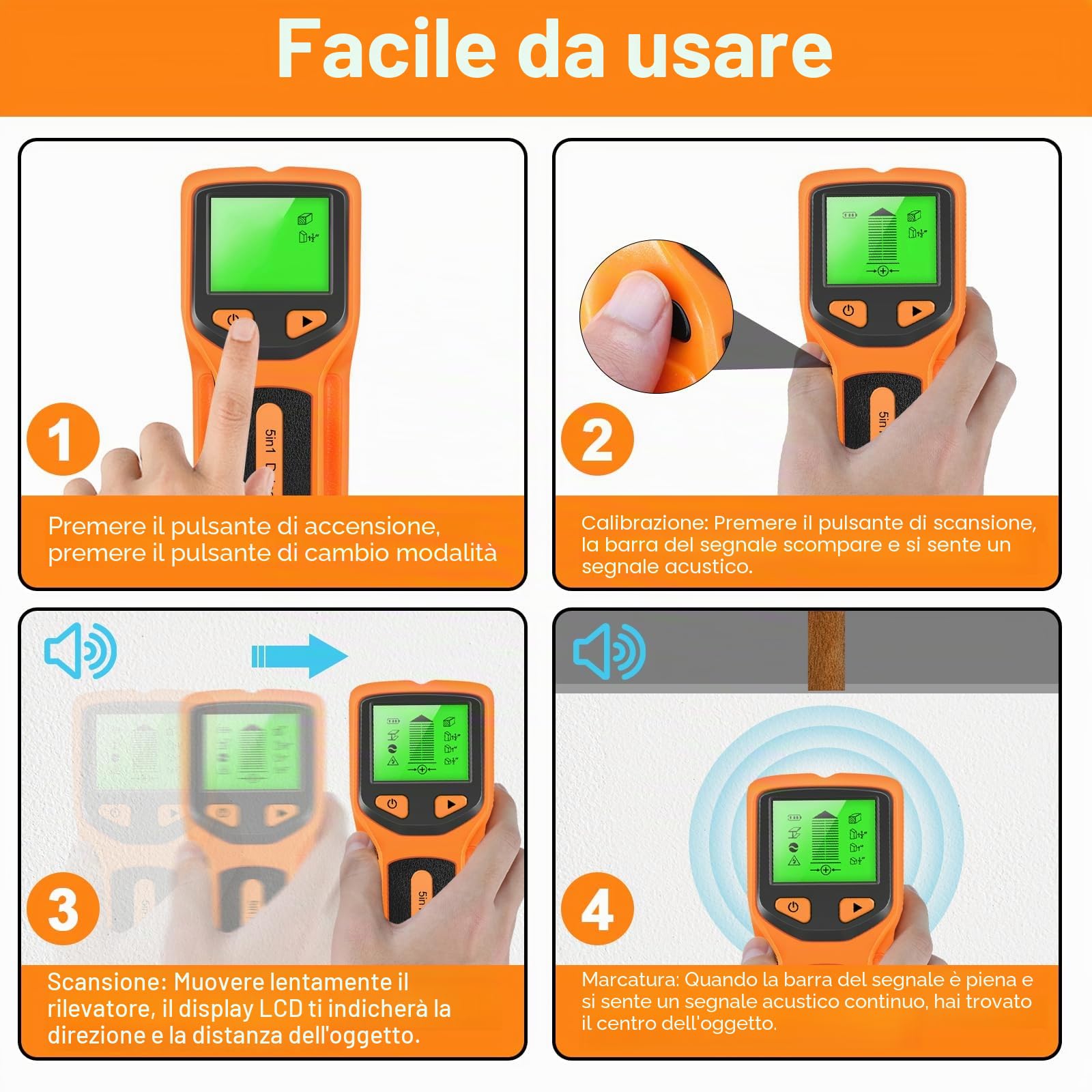 DEWINNER Rilevatore di Parete 5 in 1 Rilevatore di Metalli da Parete con Display LCD Rilevatore di Monti, Scanner a Parete per Localizzare Metalli,Tasselli in legno, Cavi elettrici CA