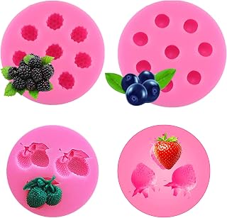 Woohome 4 PCS Fruit Silicone Fondant Mold Fruit Shaped Jelly Molds 3D Strawberry Raspberry Blueberry Litchi Candle Silicone Fruit Mold for Cake Topper Decoration Chocolate Candy