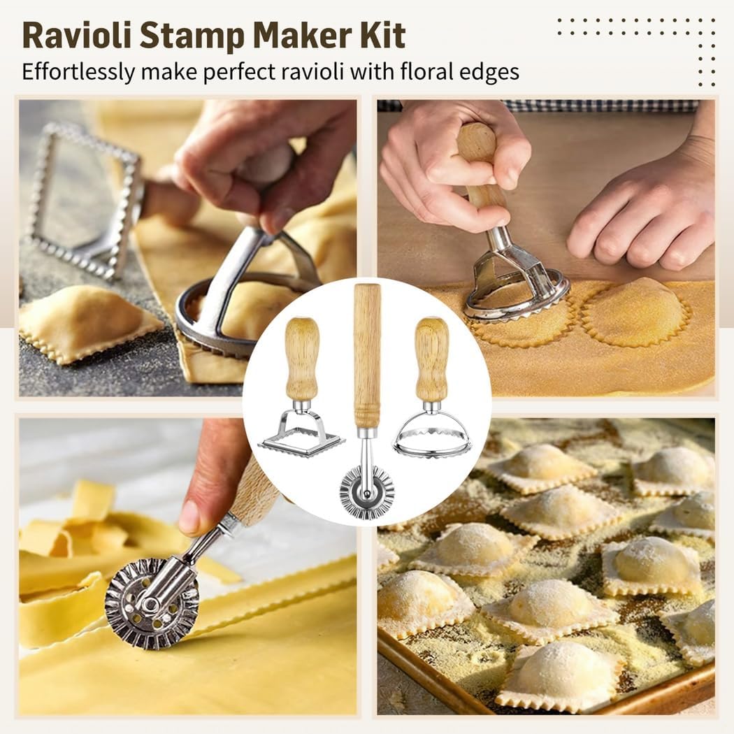 6-Piece Pasta Tool Set For Homemade Noodles, Ravioli, And Gnocchi, Includes Rollers, Stamps, Cutter & Board For Kitchen Dough Prep