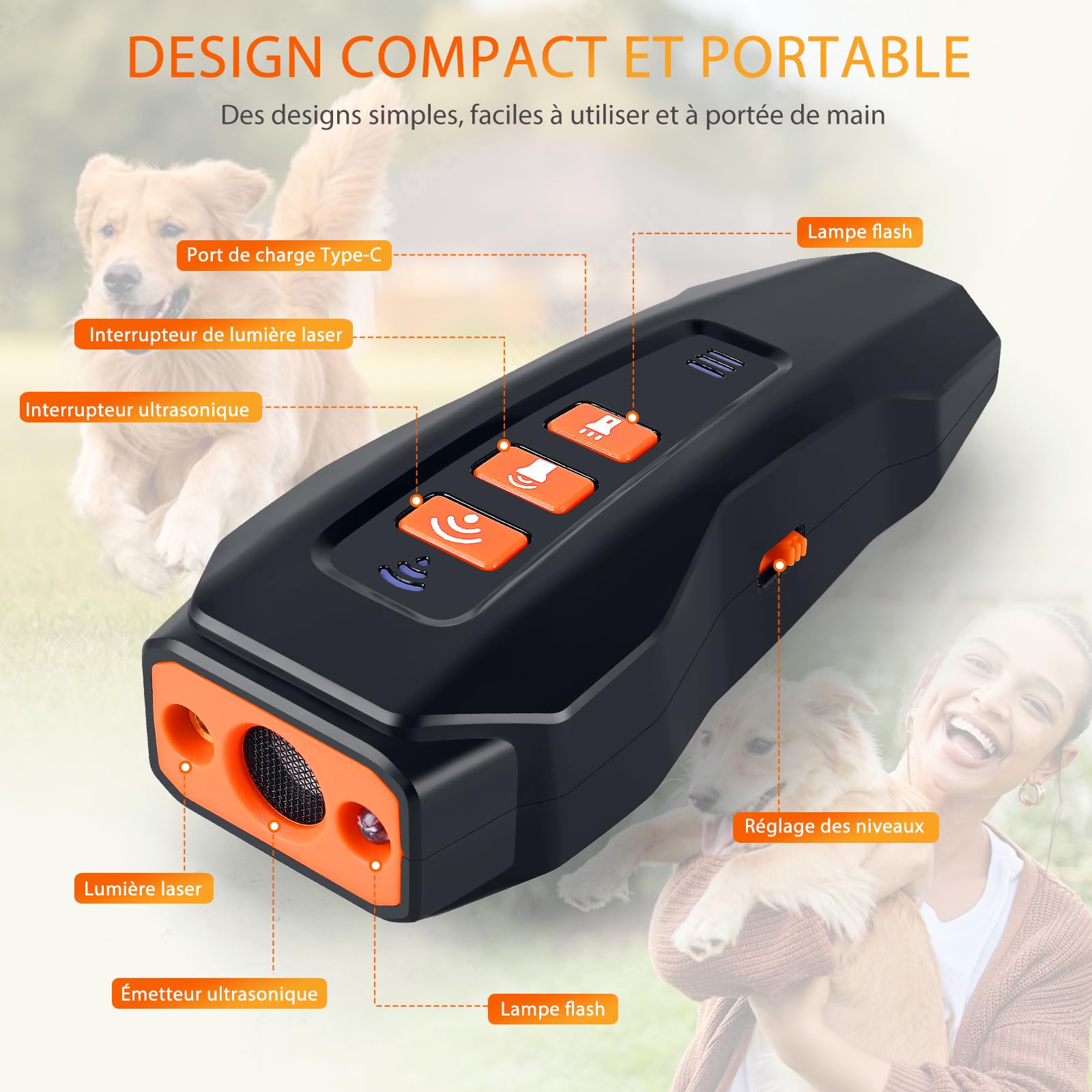 Anti Aboiement Chien Répulsif à Ultrasons Chien - Antibell Appareil Anti Aboiement Chien Ultrason Puissant Réglable 3 Fréquences Arrêt 10M Portée avec Lampe de Poche