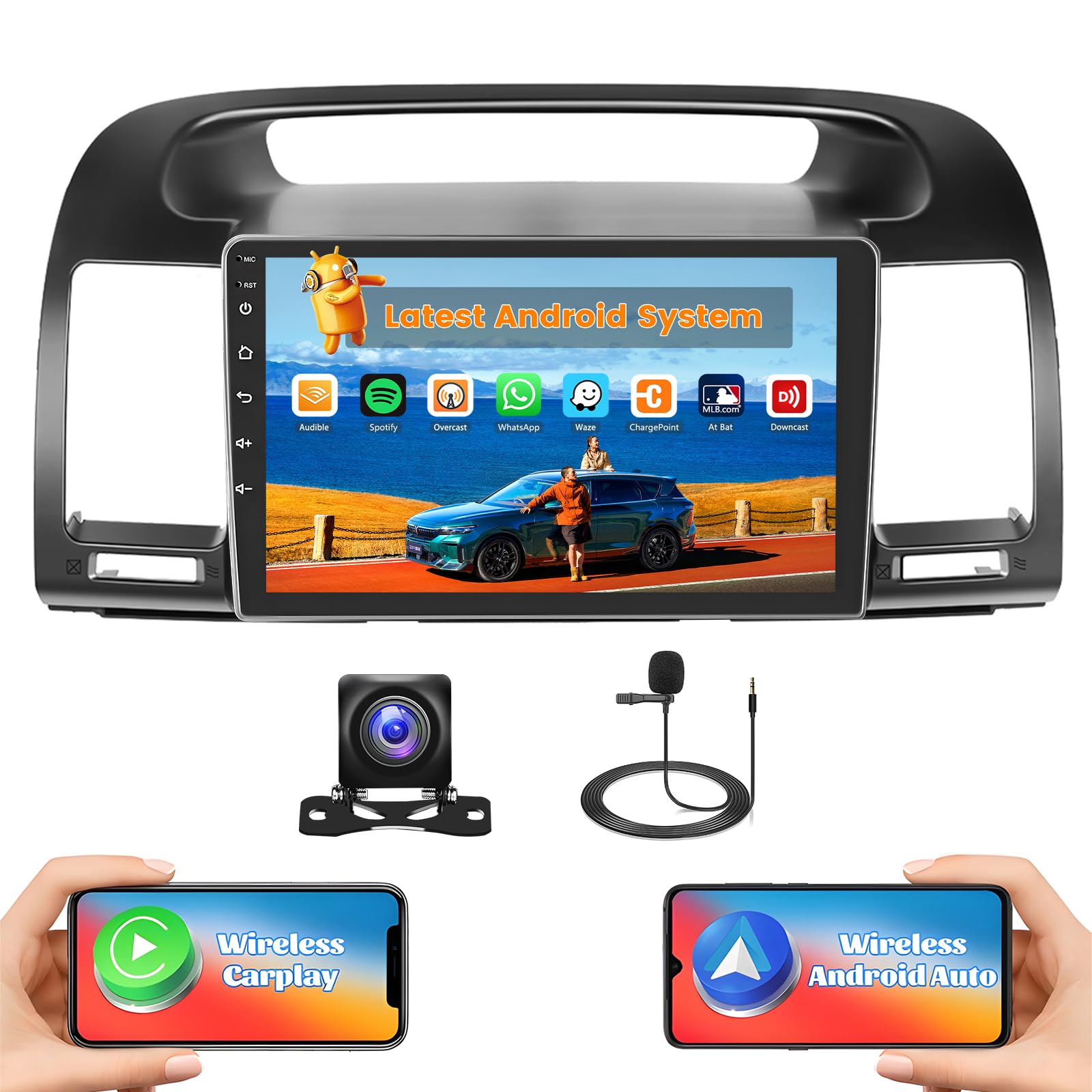 [2+64G] Hikity Android 15 Car Stereo for Toyota Camry 2000 2001 2002 2003 with Wireless Carplay Android Auto, 9