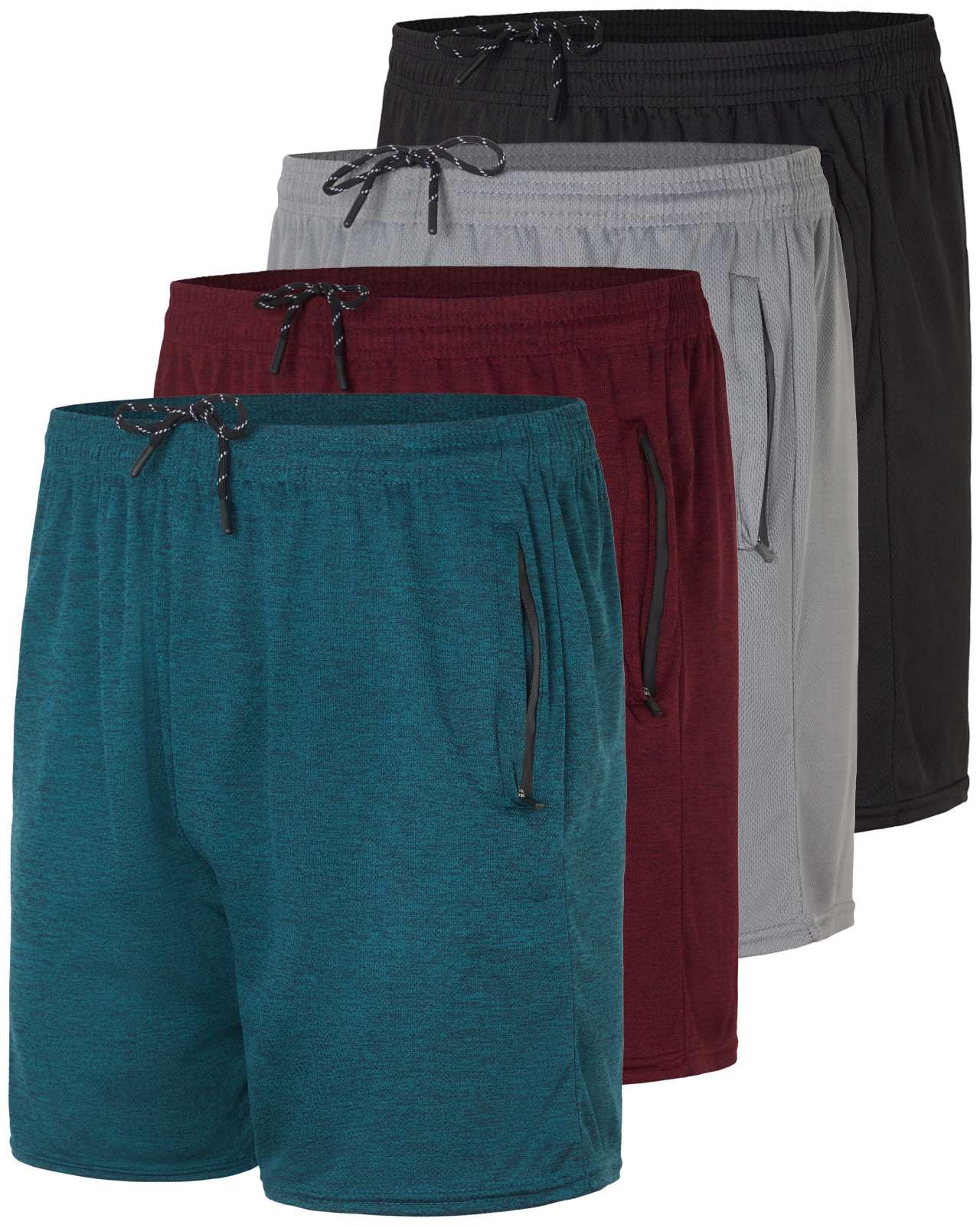 Real Essentials 4 Pack: Men's Mesh 5" Athletic Zipper Shorts Workout Gym Running Basketball (Available in Big & Tall), 5-inch - Set 7, Large