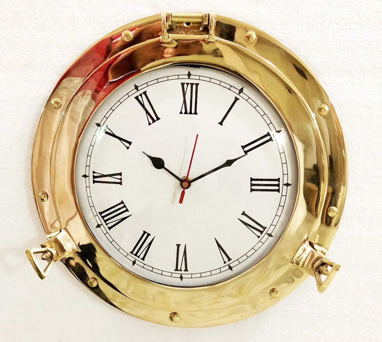 Nagina International 12" Antique Marine Solid Brass Ship Porthole Analog Clock Nautical Wall Hanging Clock Home Decor