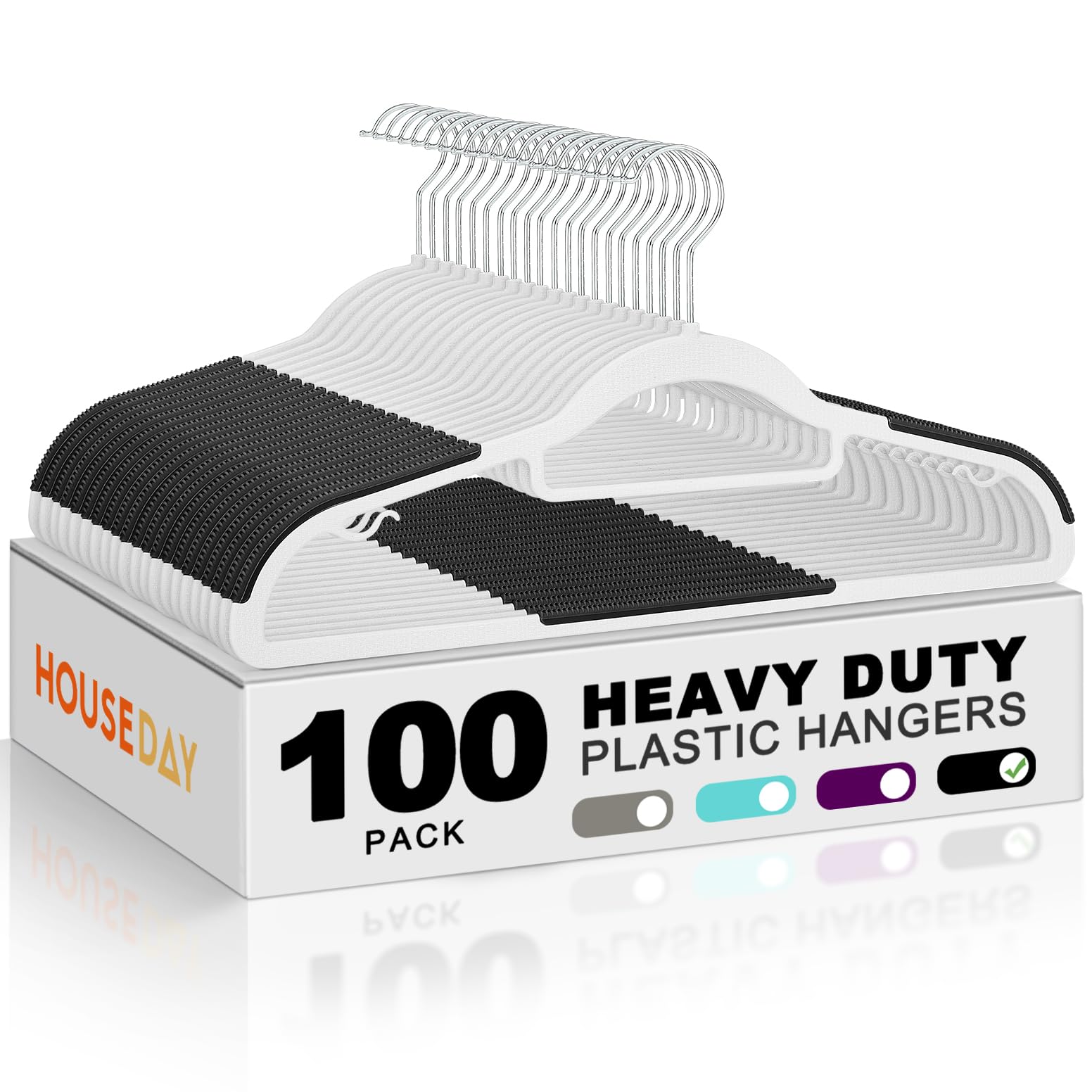 HOUSE DAY Plastic Hangers 100 Pack, White Clothes Hangers Non Slip with Rubber Grip, Heavy Duty Hanger with 360º Swivel Metal Hook, Ultra Thin Hangers Space Saving for Closet Organizer