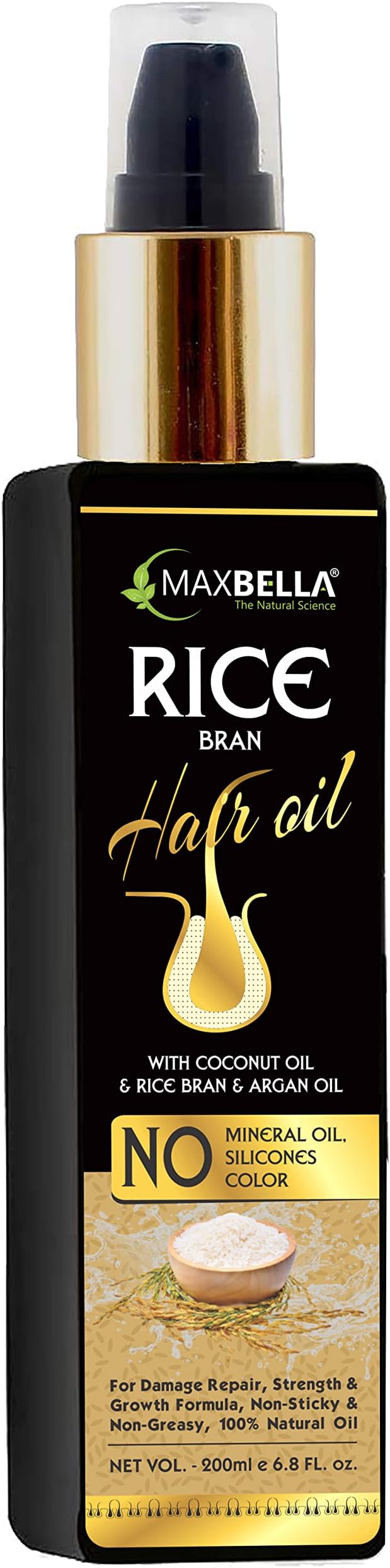 MaxBella Rice Hair Oil - With Rice Bran & Coconut Oil For Damaged, Dry, Frizzy Hair | Increases Strength & Promotes Growth | NO Mineral Oil & Silicones | 200ml