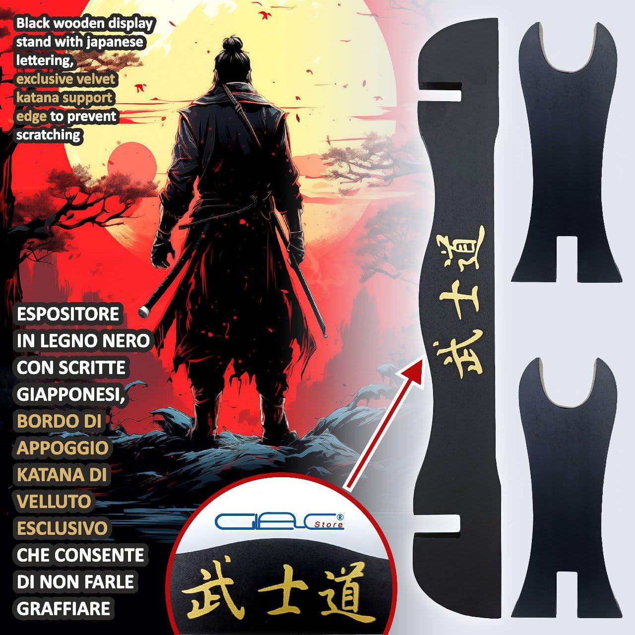 Espositore Supporto Piedistallo 1 Posto Velluto Grigio Scuro Scamosciato da Tavolo per Katana tipo Ultimo Samurai Miyamoto Musashi in Legno Scritte Giapponese e Ricambio