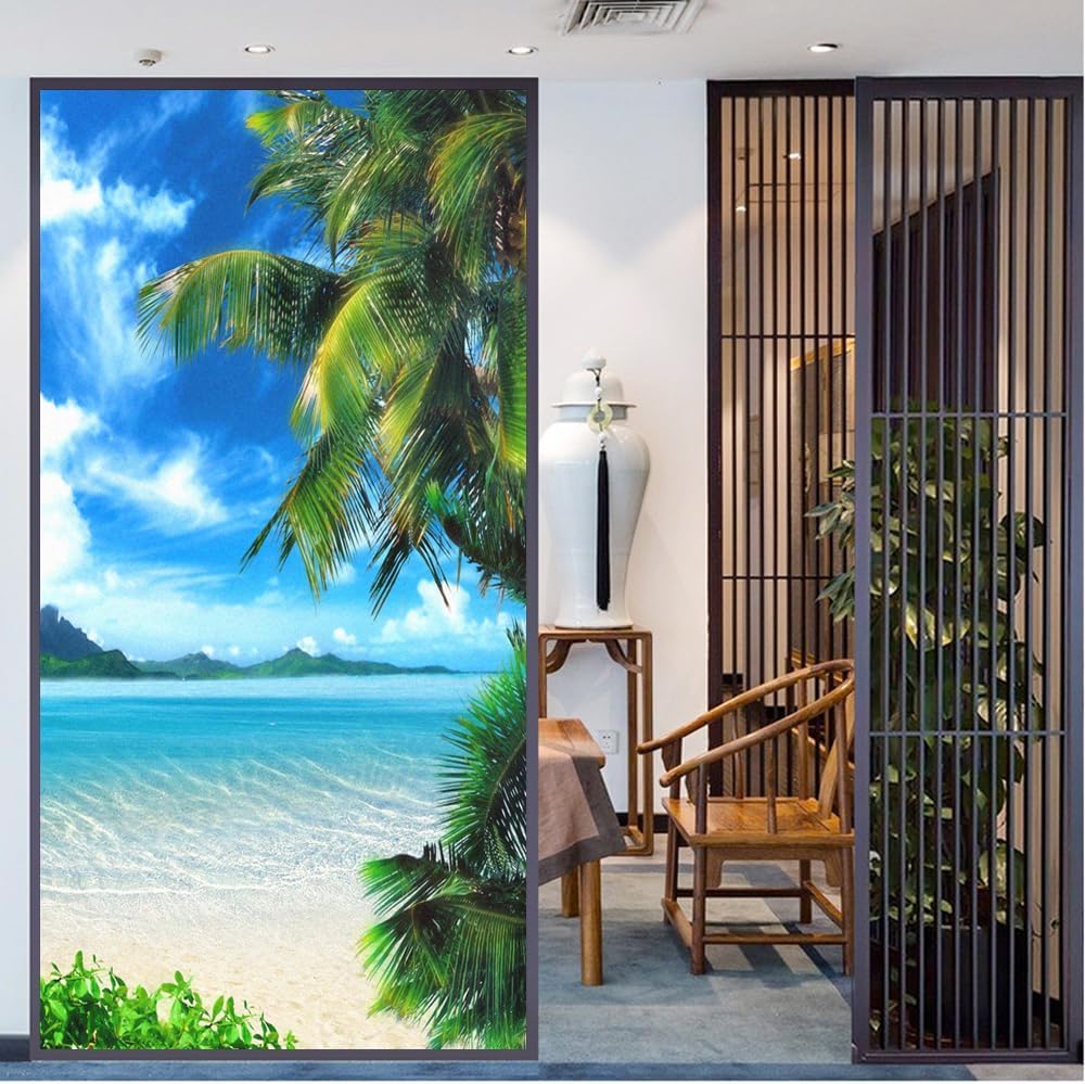Privacy Window Film Beach Scenery Stained Glass Static Cling Window Treatments Window Coverings Glass Sticker Decorative Film for Siding Glass Door Home Decor 17.7"x68.9"(45x180cm)