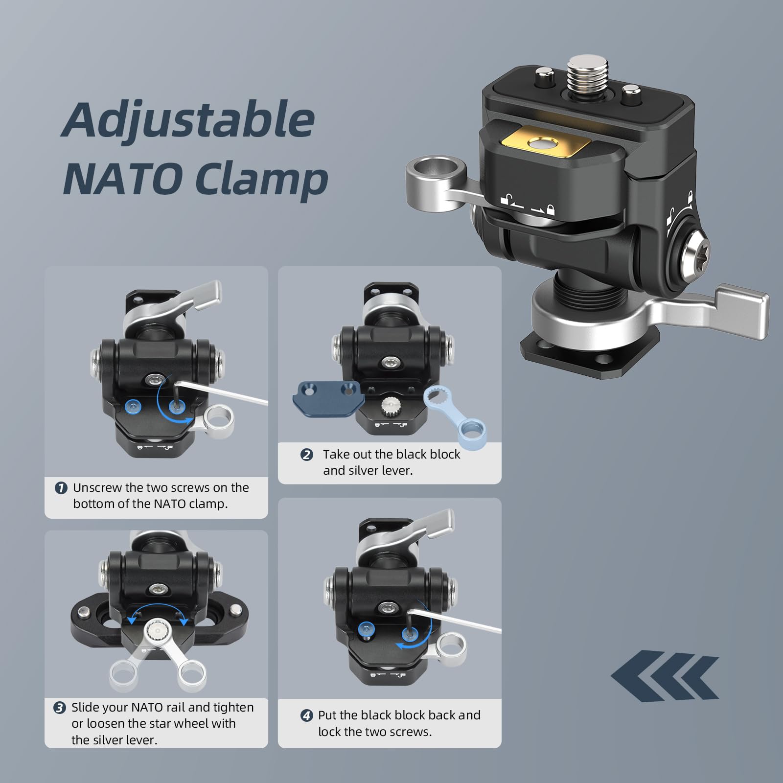 Nitze Quick Release Kamera Monitor Mount (NATO Rail mit 1/4"-Screw und Retractable Pins to Cold Shoe), Kameramonitorhalterung mit Verstellbarer NATO-Klemme, 180° Neigung und 360° Schwenkung - N54-S1