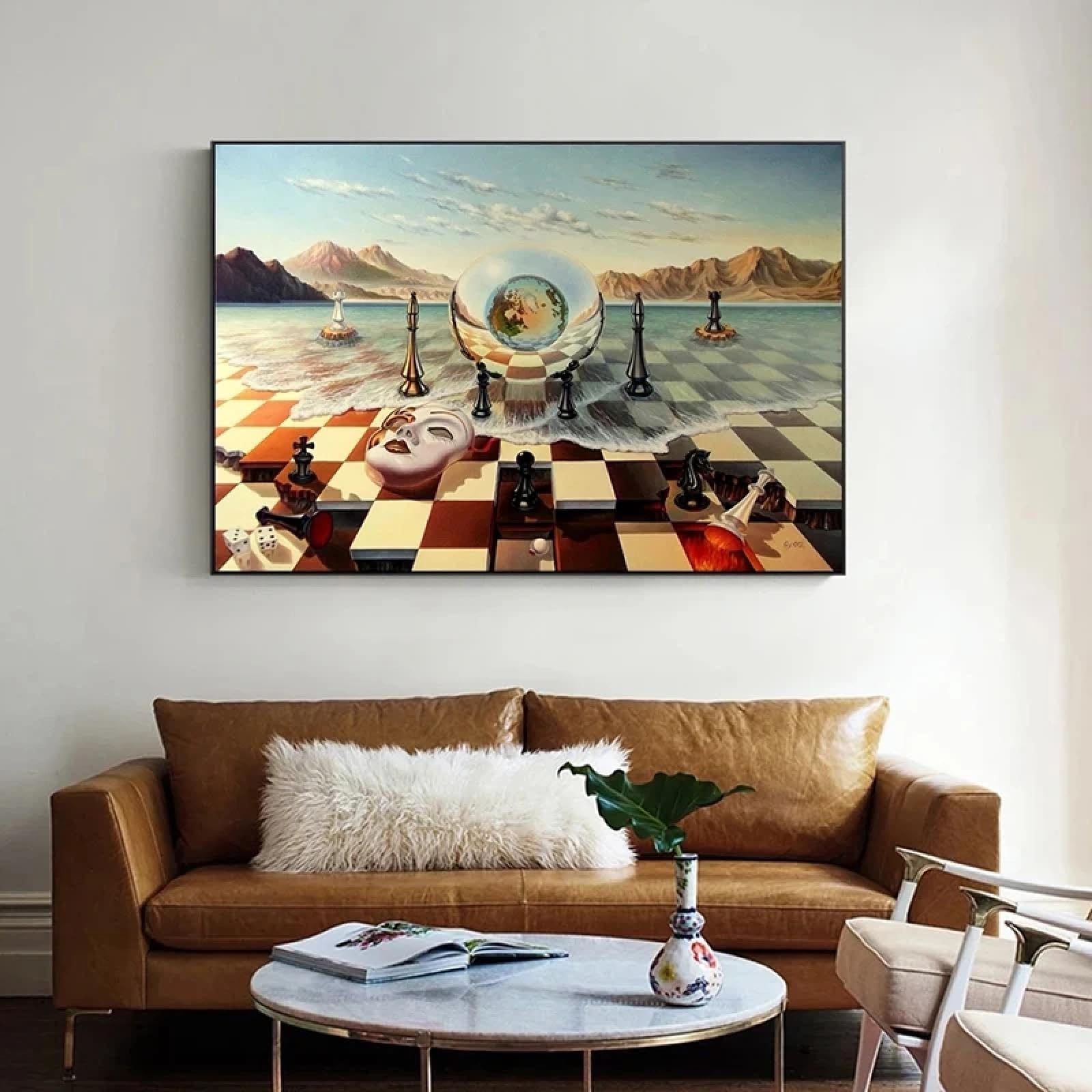 HOLEILUCK Salvador Dali Peinture sur toile abstraite bizarre surréalisme Masque d'échecs sur la mer Affiche et impressions Décoration de chambre esthétique 90 x 130 cm avec cadre noir