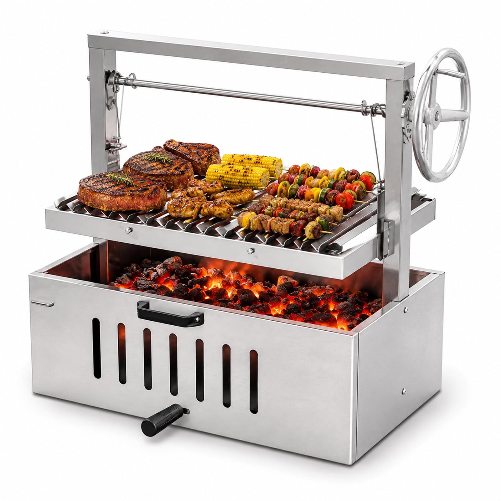 Santa Maria Grill Stile Argentino - Griglia a V - Acciaio Inox | Griglia a V con manovella, regola la distanza dalla brace per rosolare, adatta a bistecche, spiedini e grigliate in giardino