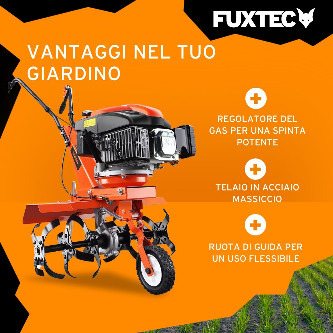 Fuxtec Motozappa a scoppio FX-AF1139 Set motocoltivatore a benzina 4 tempi 139cc 2,2kW con estensione della larghezza di lavoro da 36 a 66cm Coltivatore profondità regolabile fino a 30cm