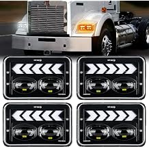 BESTZHEYU 4PCS 4x6 LED Headlights Rectangular DOT Headlight | For Kenworth T800 W900 Freightliner FLD120 with Hi/Lo Beam White DRL Arrow Sequential Amber Turn Signals
