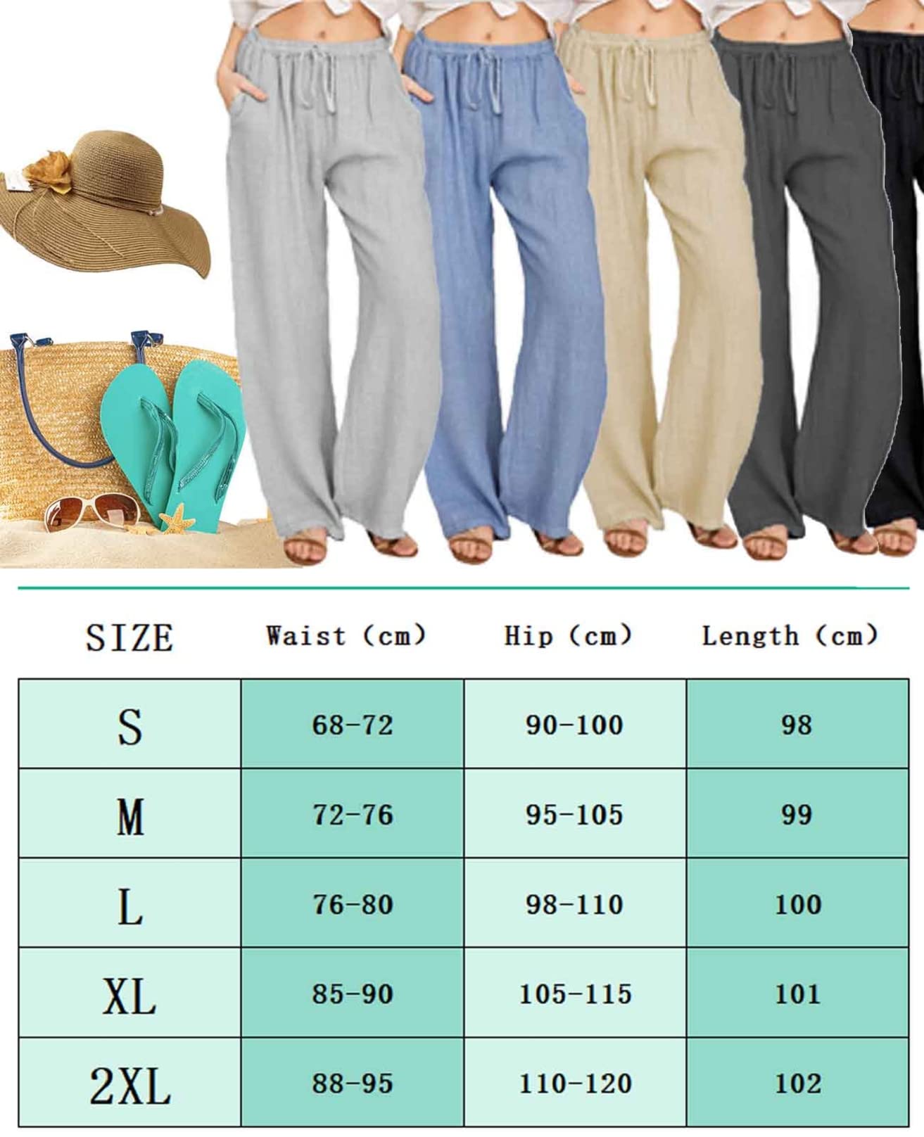 Pantalones de Lino Mujer Verano Cintura Alta Elástica Cordón Ancho Algodón