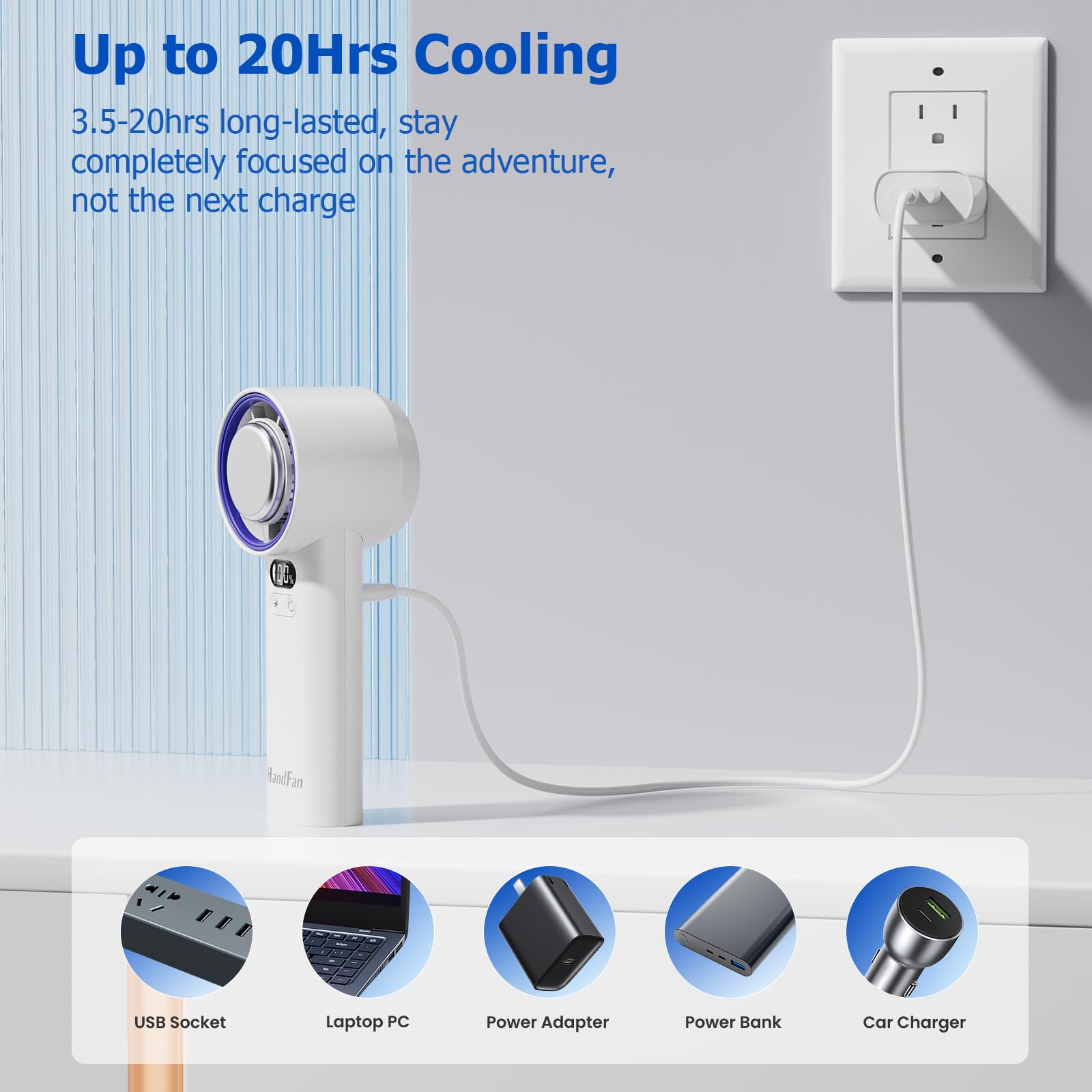 HandFan Ventola portatile turbo ad alta velocità da 5200 mAh, 13000 giri/min, mini ventilatore portatile AC, 100 velocità regolabili, display digitale, ricaricabile tramite USB, per viaggi, spiaggia,