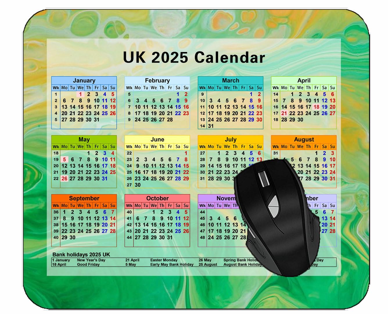 Mouse Pad 2025 Calendar with Holidays,Paint Stains Green Custom Gaming Mouse Pads with Designs