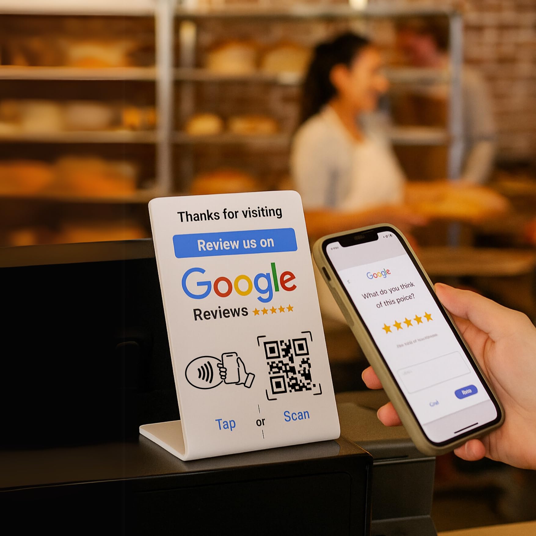 NFC Tap Google Review Stand - Boost Customer Feedback with Tap & Scan QR - No App, No Subscription - Works on iPhone & Android (Size 4.13"x2.75", 1 Pack)