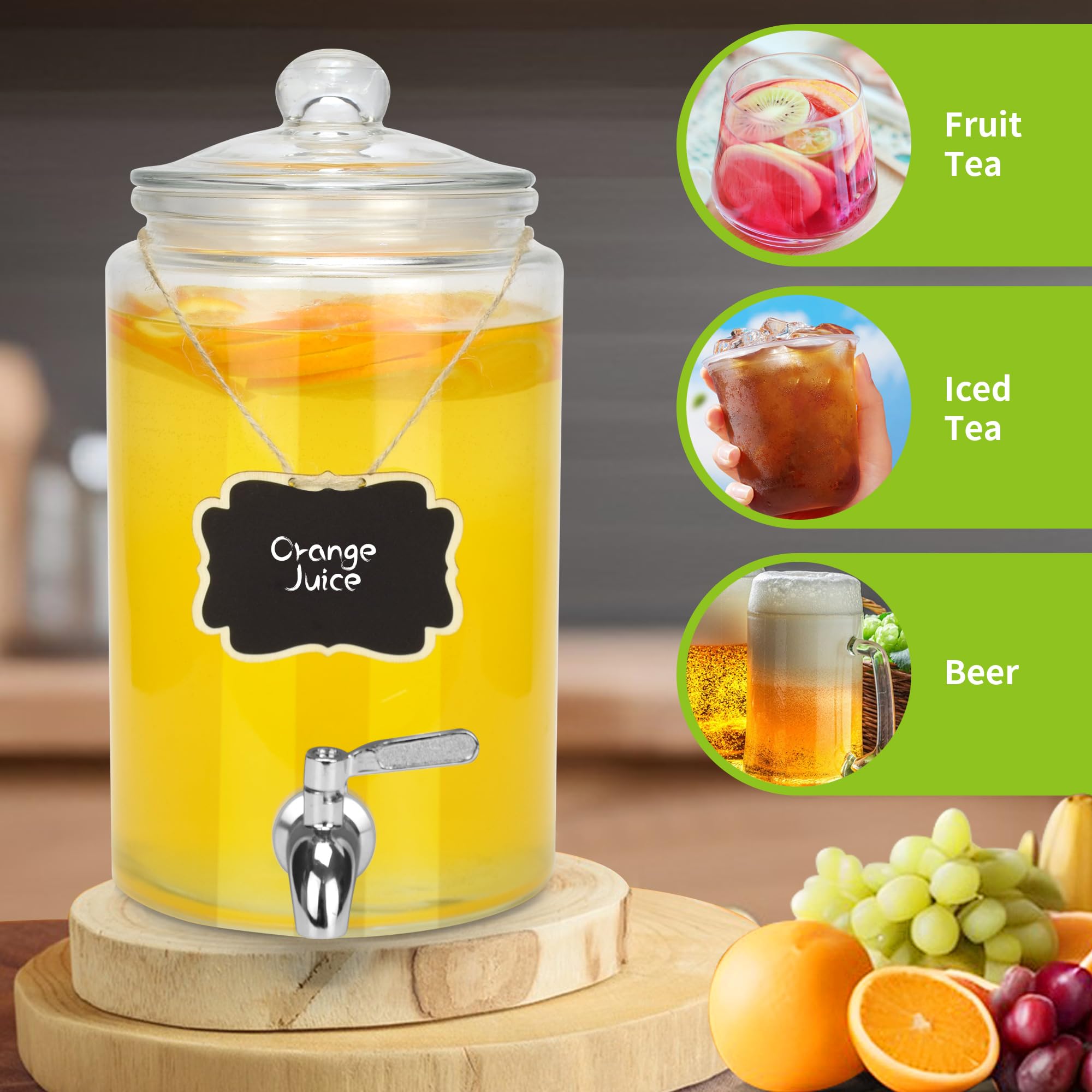 Dispensador de bebidas de 1 galón, paquete de 2, dispensador de bebidas de espita de acero inoxidable para fiestas con soporte, recipiente de vidrio transparente fácil de rellenar y limpiar 4
