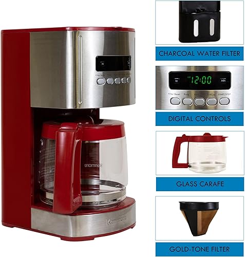 Miniatura 4 de Kenmore Aroma Control - Cafetera programable de 12 tazas cafetera de goteo de acero rojo y inoxidable jarra de vidrio filtro reutilizable