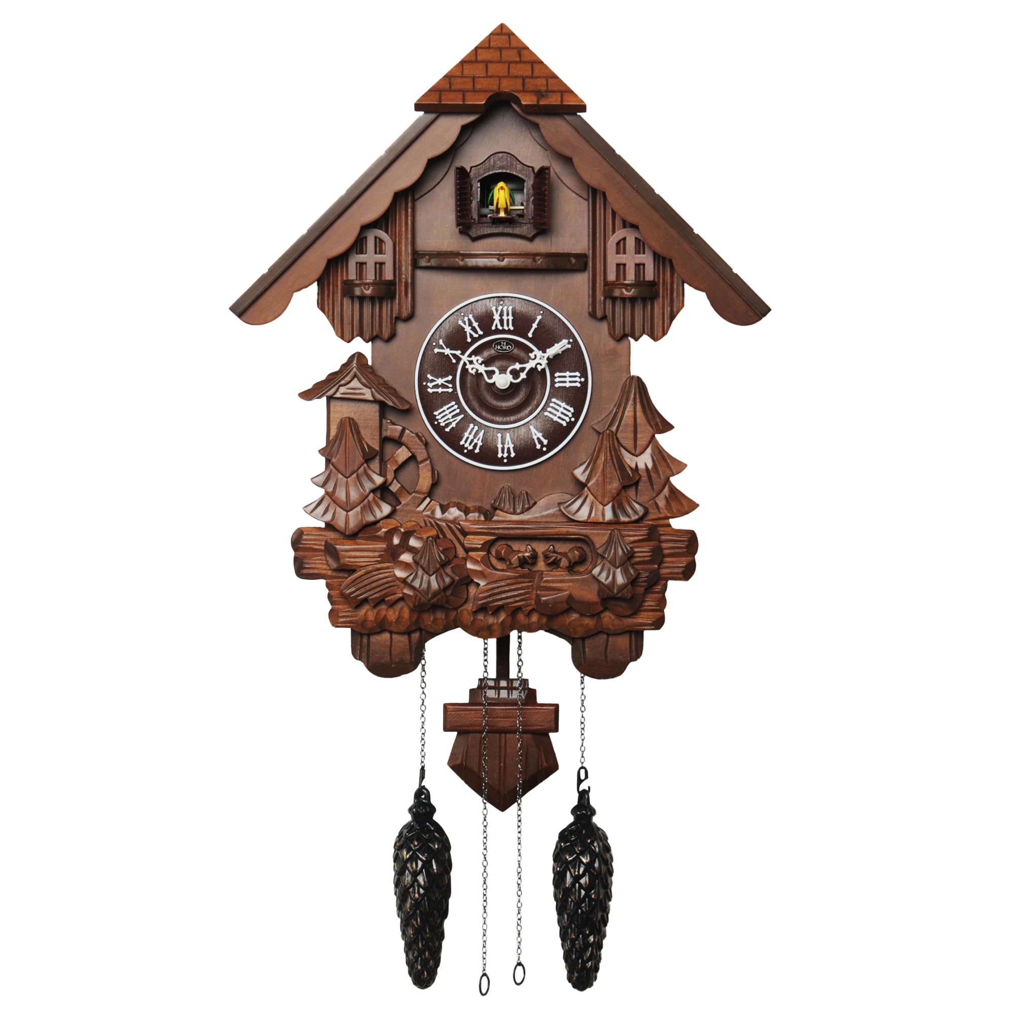 HORO (Imported - Height 19.4" inch Cuckoo Wall Clock - Roman dial (Step Movement -Brown Wooden case) auto Night Shut Off in Dark (Sensor)/Sound Control, Sound on-Off Switch 50x40x15Cms