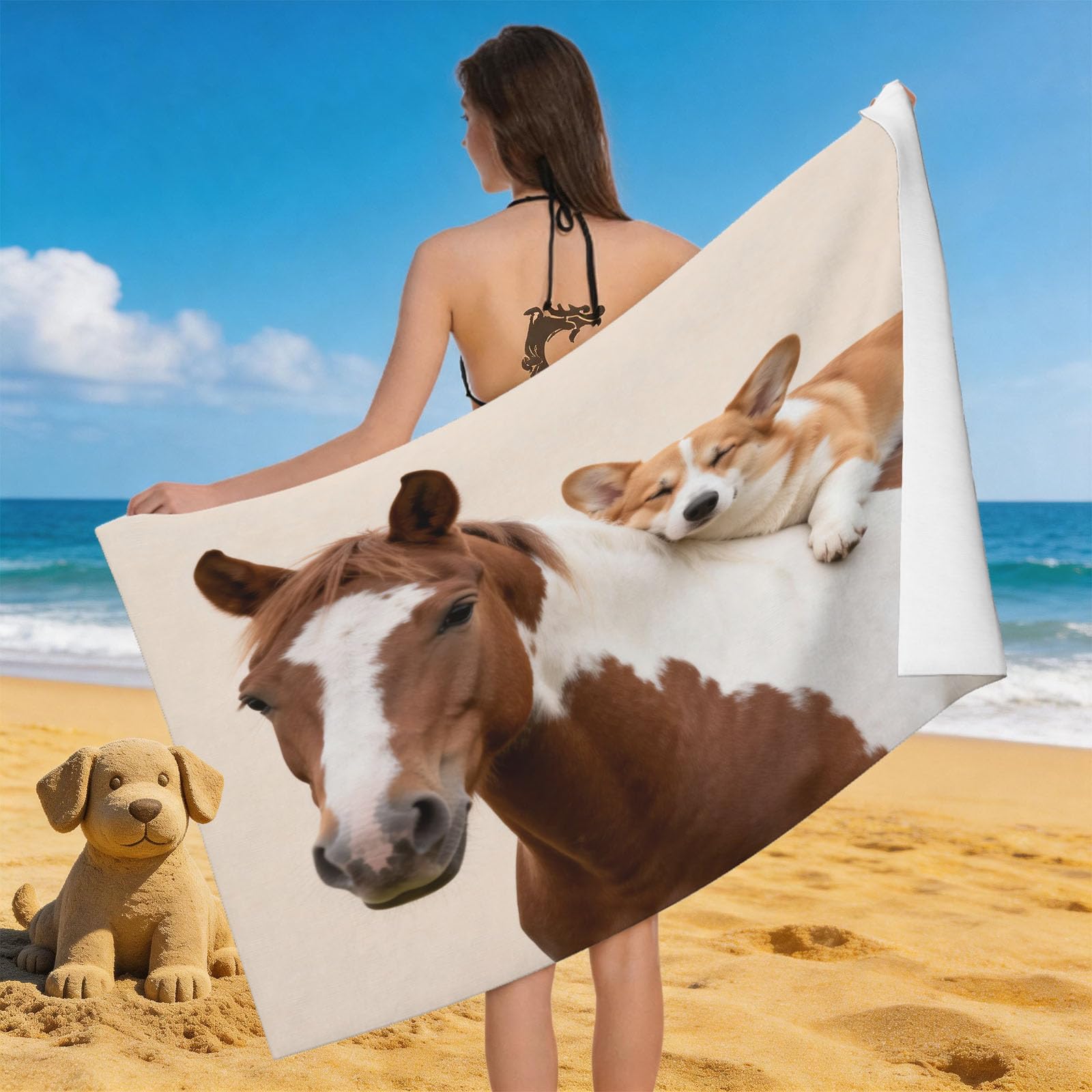Leichong 3D Horses Beach Towel Microfiber Soft Quick Dry for Adults, Animal Print Bath Towel Lightweight Soft Absorbent for Travel Swimming Pool Sports, 75 x 150 cm