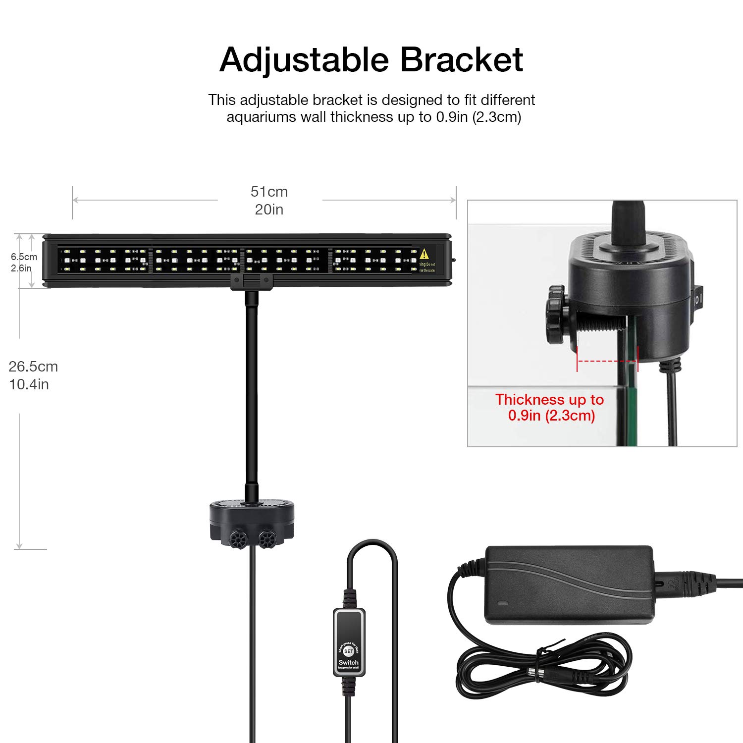 Diagram showing the adjustable bracket attached to an aquarium, with measurements for thickness and light dimensions.