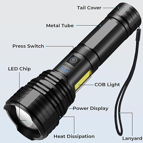 Miniatura 8 de Linternas recargables de alto lúmenes, 99,000 LM linterna LED brillante alimentada, linternas recargables USB y luces flash de mano impermeables