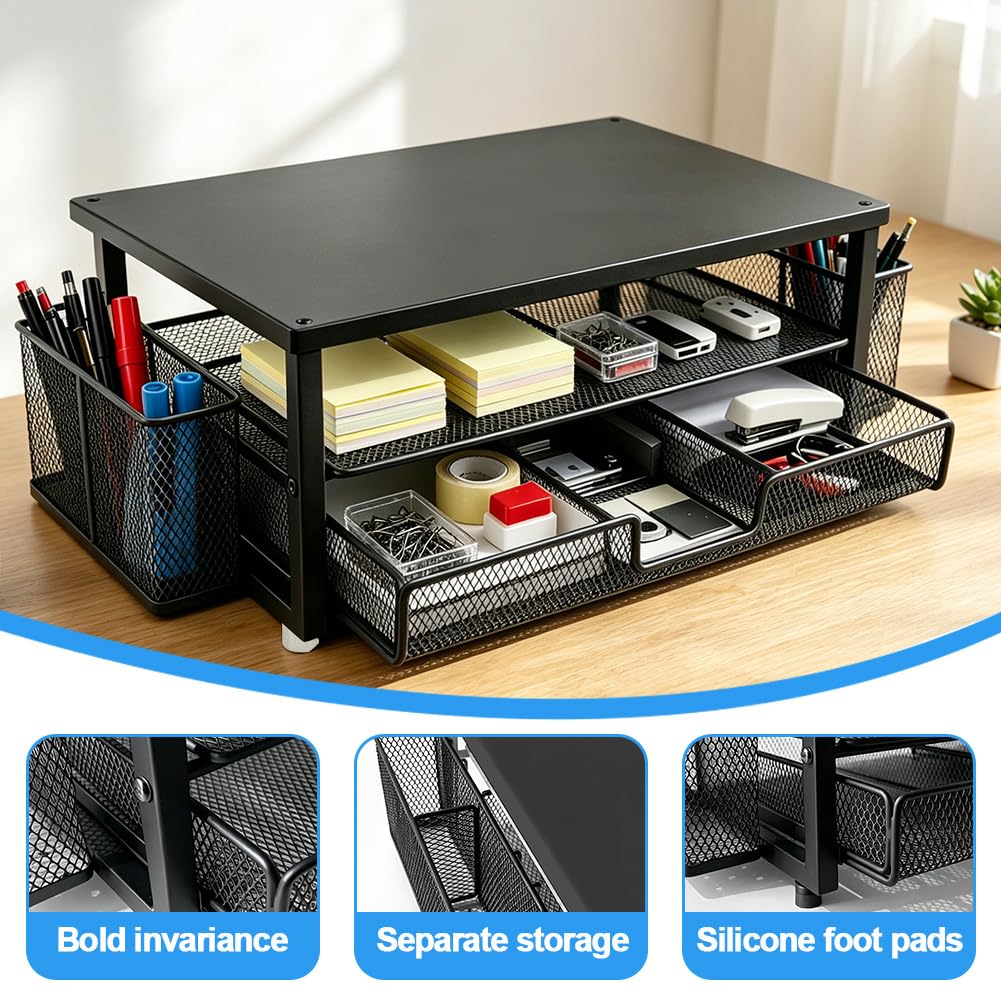 Supporto per monitor, scrivania rialzata con cassetto e portapenne, organizzatore da scrivania ergonomico a 2 livelli, stabile supporto per computer portatile, PC, stampante, scanner (nero)
