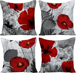 Black Red Flower Pillow Covers Love Pillow Covers Decorative Linen Square Throw Pillow Covers Couple Cushion Cases Home Decor for Sofa Bedroom Car 18x18 Inch