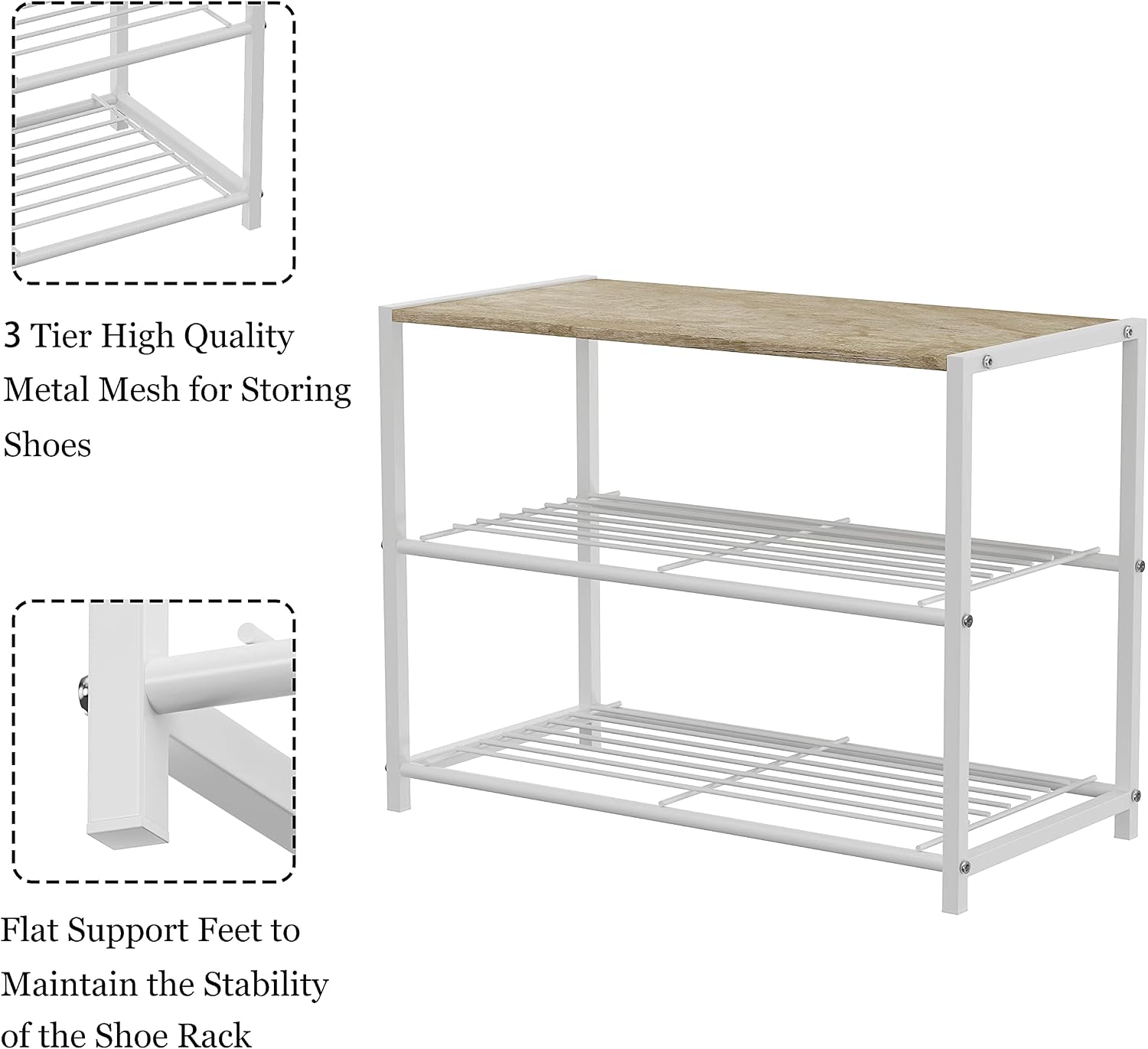 Gadroad Small Shoe Rack Organizer, 3 Tier Shoe Rack for Entryway, Metal Shoe Shelf for Closet Hallway, Stackable Narrow Shoe Stand with Wooden Top Board, White