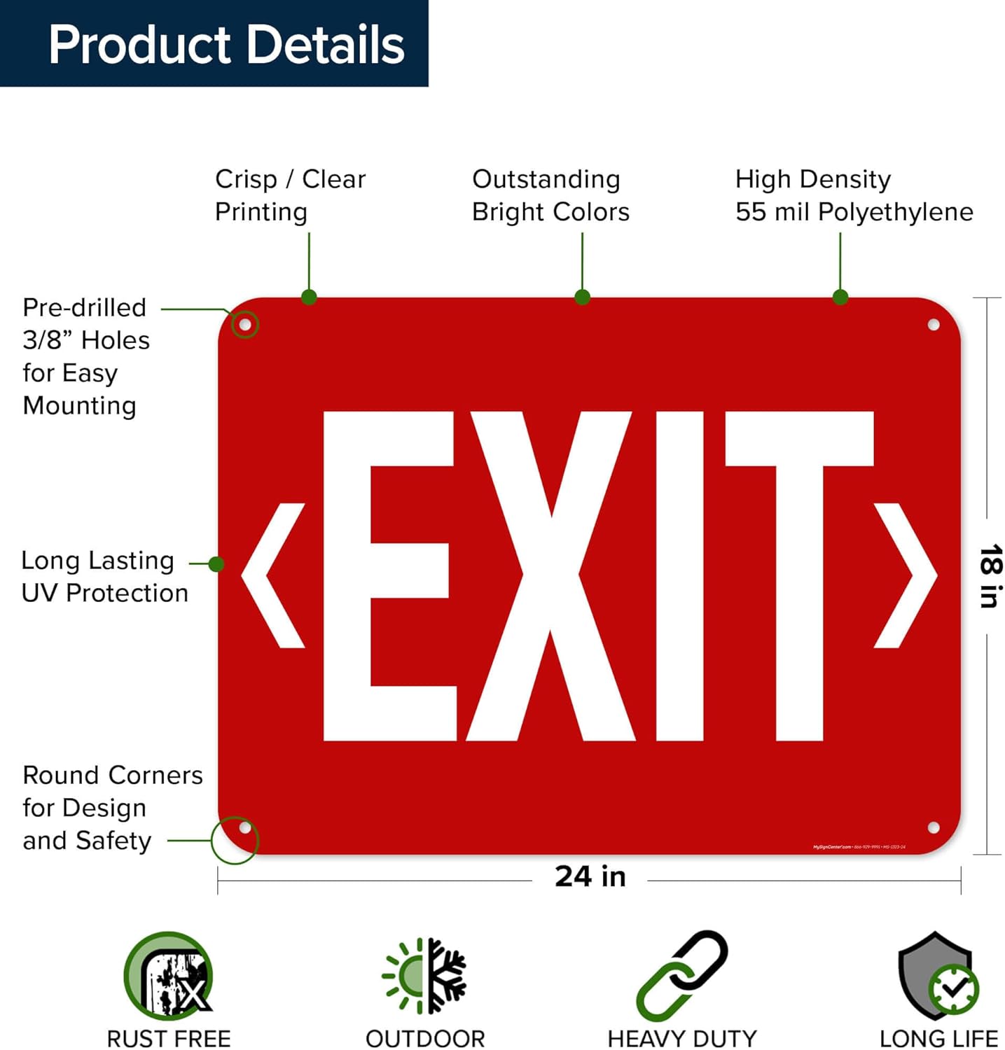 Exit Sign, 18x24 Inches, 55 mil thick HDPE (high density polyethylene), Made in USA by My Sign Center