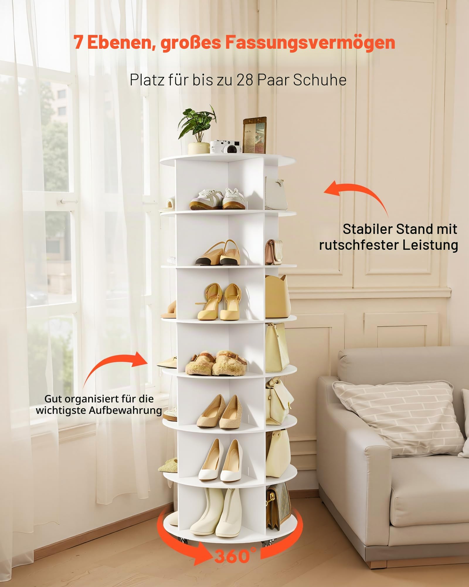 VEVOR Schuhregal Schuhschrank für 28 Paar Schuhe (7-stöckig) 360° drehbar, Schuhaufbewahrung mit Rollen, Schuhablage für Schlafzimmer Wohnzimmer Eingangsbereich, Weiß 598 x 598 x 1670 mm