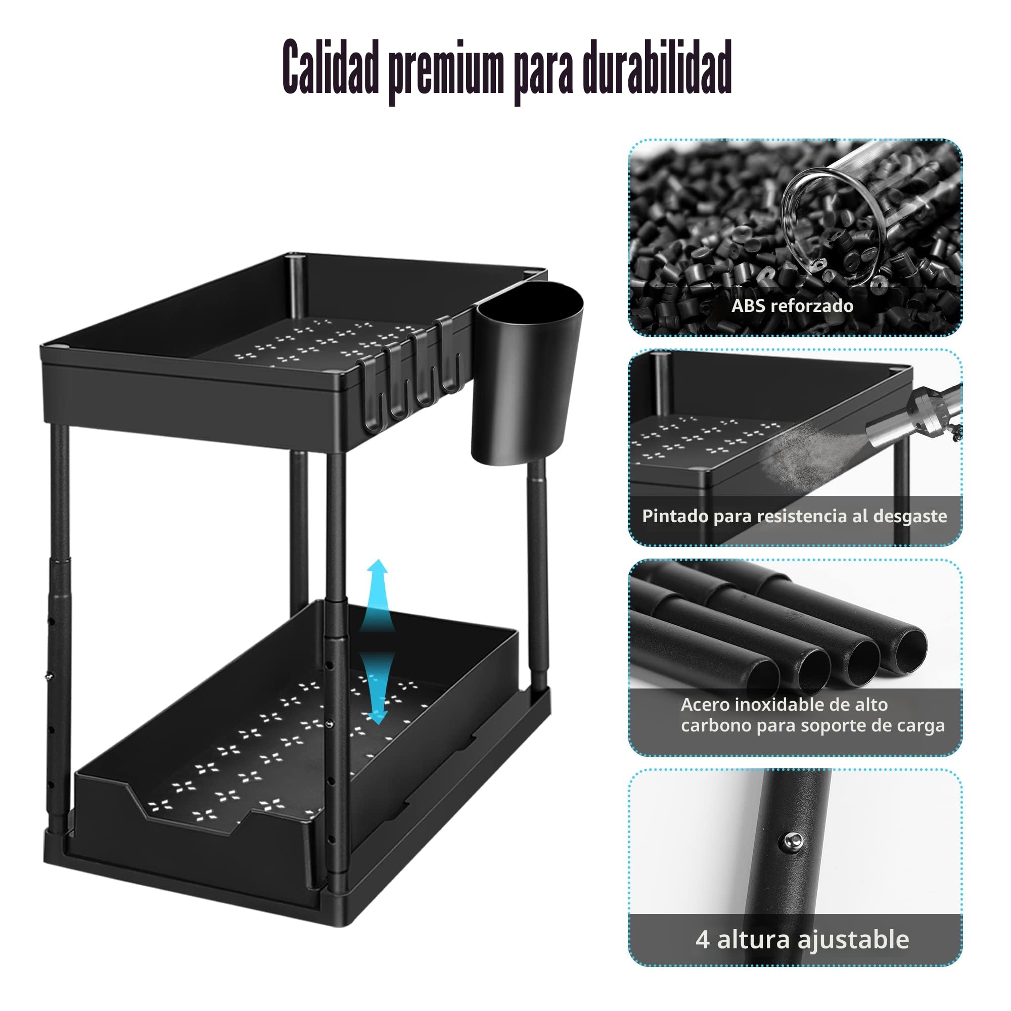 Eufrozy 2 Paquete Organizador Bajo Fregadero, Almacenaje Debajo Fregadero de 2 Niveles Regulable en Altura con 8 Ganchos 2 Tazas 1 Jabonera, Estante Bajo Fregadero Deslizante para Cocina Baño