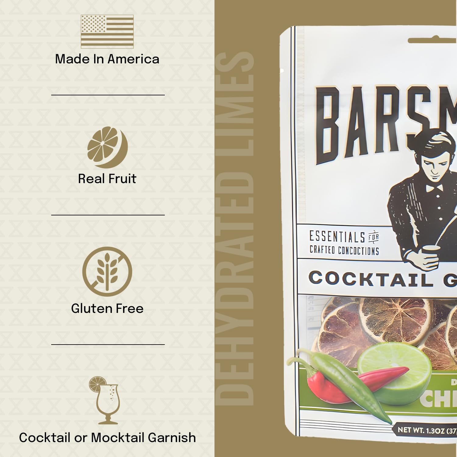 Barsmith Dehydrated Chile Limes Slices - Made using 100% Real Chiles & Limes - Subtle Heat & Tangy Citrus Flavor - Perfect As Mocktail & Cocktail Grainsh - Ideal For Home & Bar Use - 1.3oz (Pack of 1)