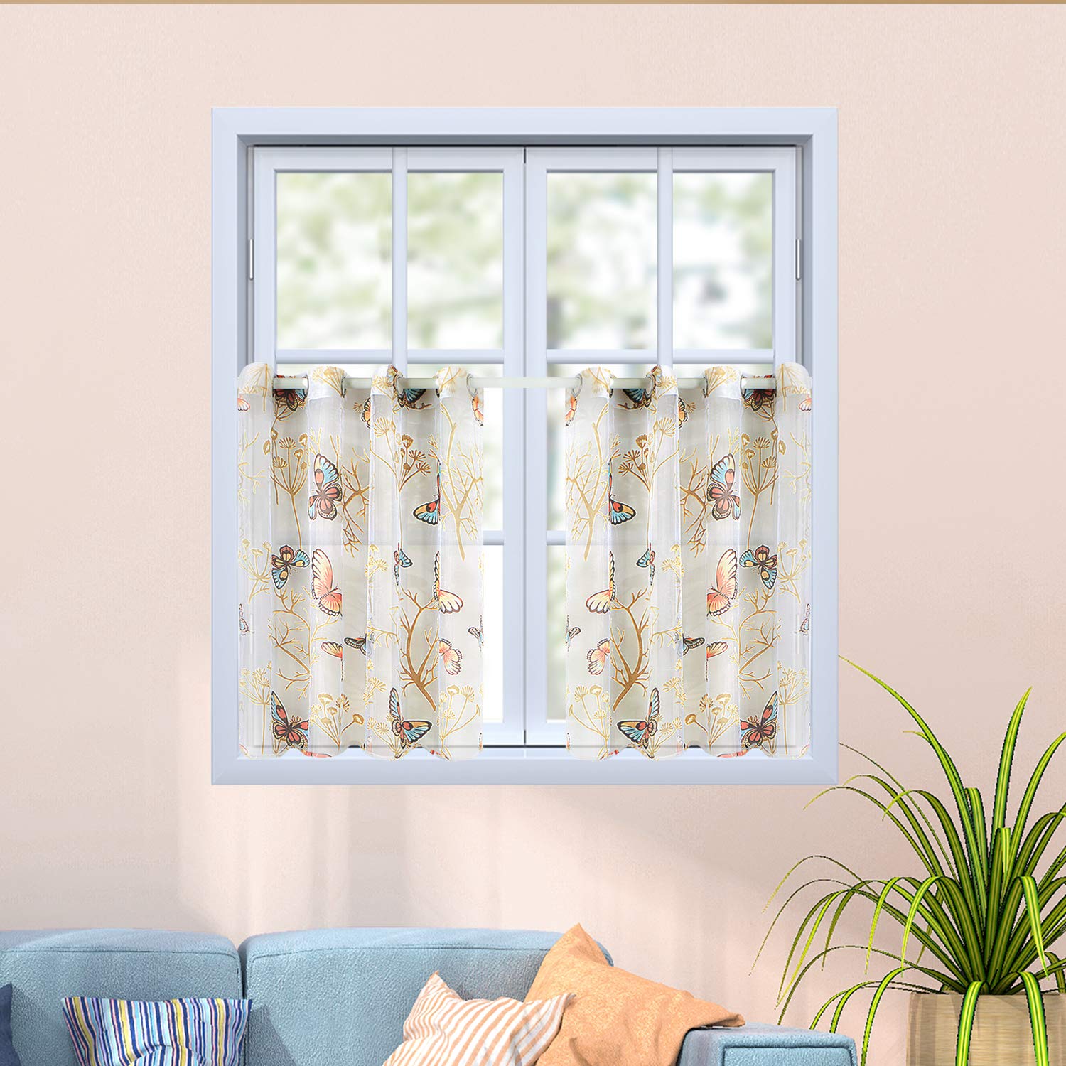 Top Finel Kitchen Sheer Tier Curtains 24 Inch Length Voile Butterfly Grommet Small Window Curtains for Basement Bathroom, 2 Panels