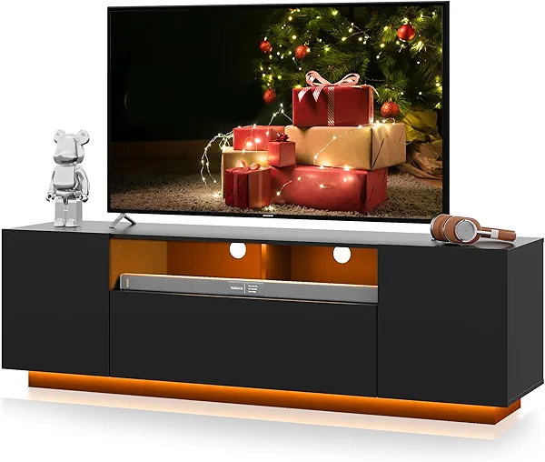 WLIVE TV Stand with LED Lights & Large Storage Cabinet, Modern Entertainment Center for 65 Inchs TV, Sturdy Media Console for Living Room, Bedroom,Gaming(Black)
