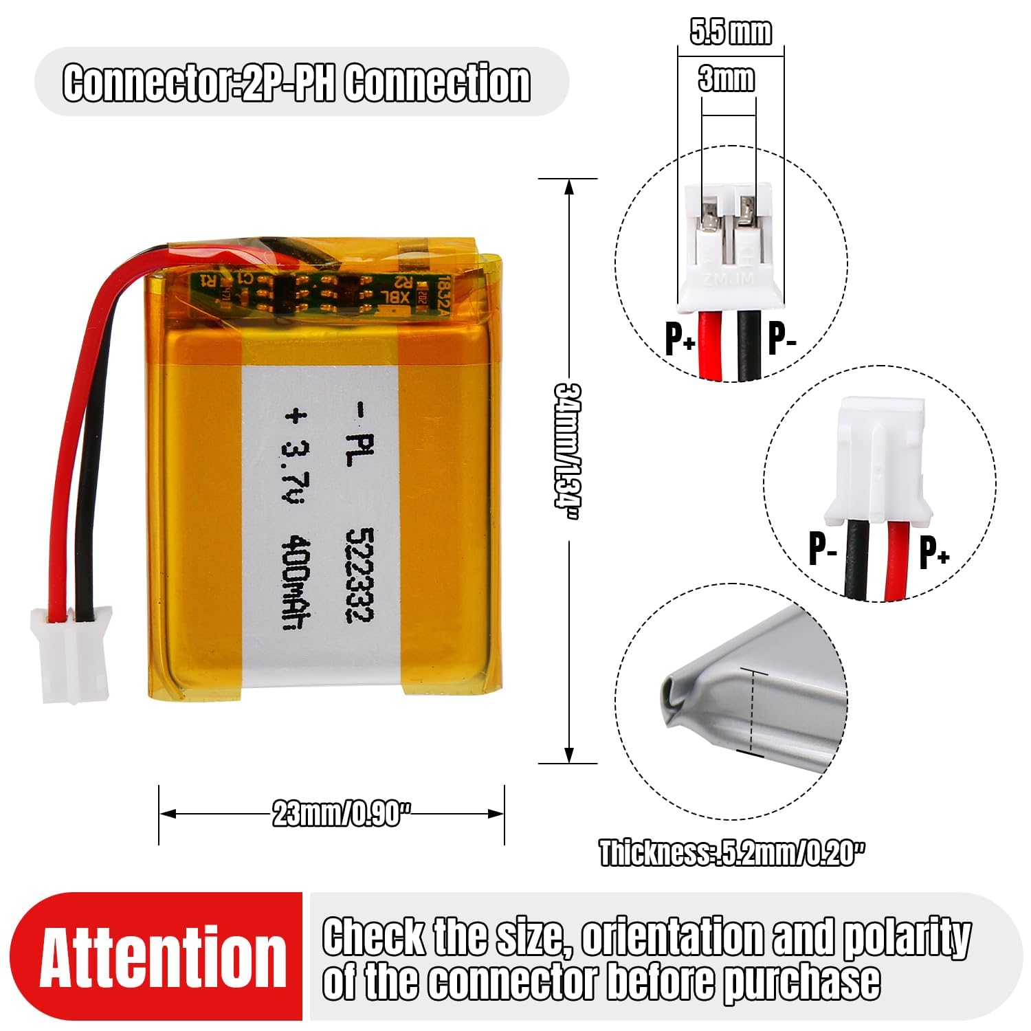 3.7V Lipo battery, 3.7V 400mAh 522332 Lithium Polymer Ion with 2P-PH connection with 2.0 mm pitch — view 2