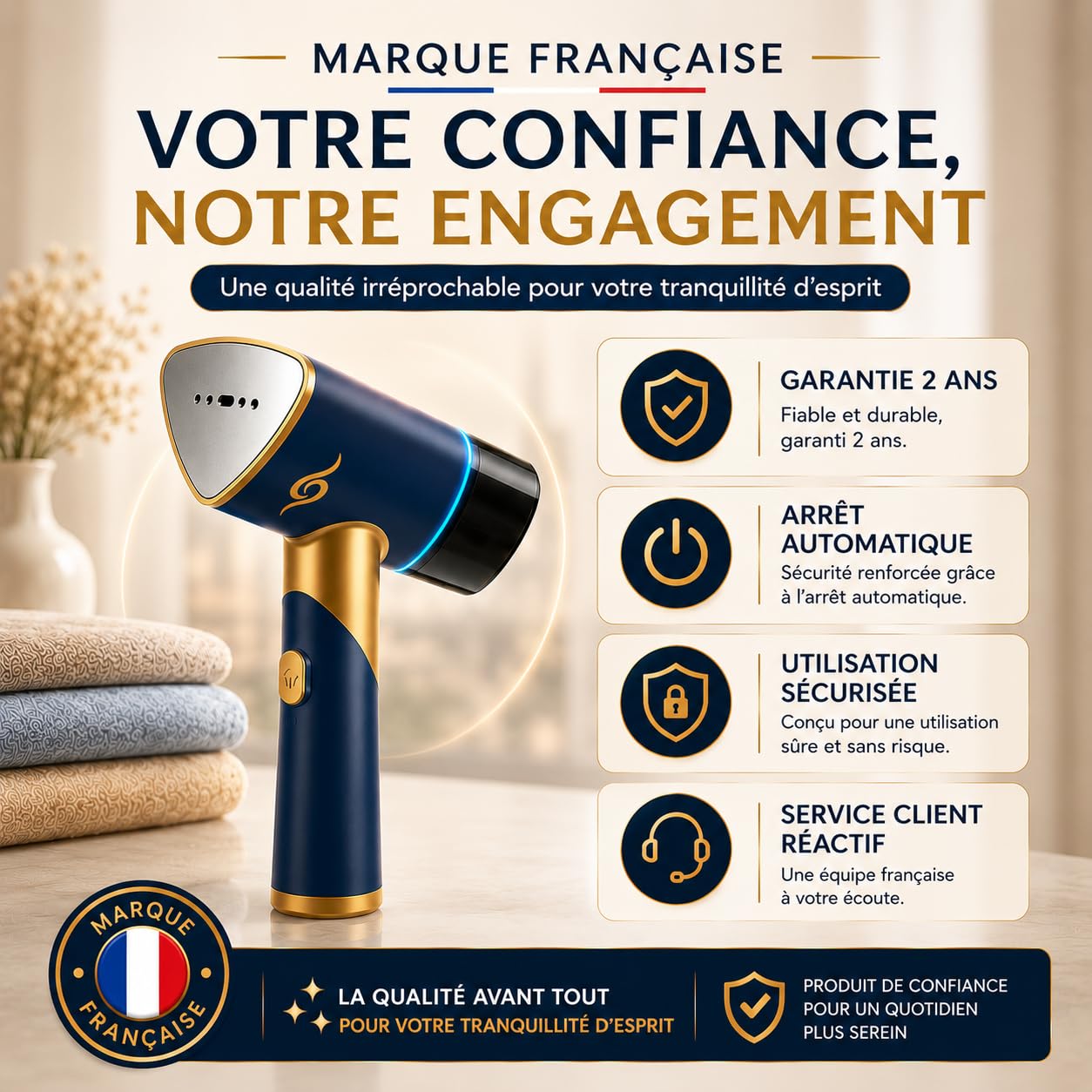 MISTIC Defroisseur Vapeur à Main Pliable, Steamer 1000W Portable pour Maison & Voyage, Defroisseur Vetement Prêt en 20s, Réservoir Amovible 200 ml, Câble long 2,5 m, Lumière LED, Brosse Clipsable