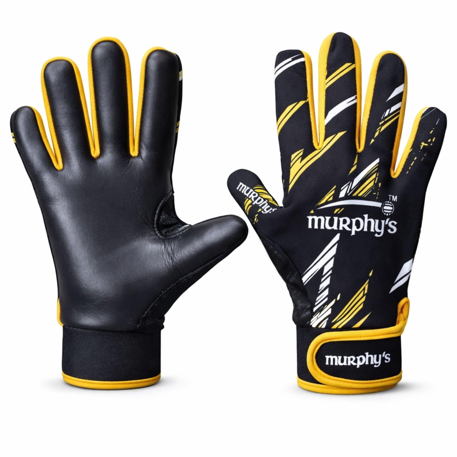 Murphy's Vision Gaelic Gloves, GAA Premium Latex Grip, Ventilated Finger Inset, Adjustable Wrist Strap, Wet Weather Ball Control, Black/White/Amber, 7 - X-Small