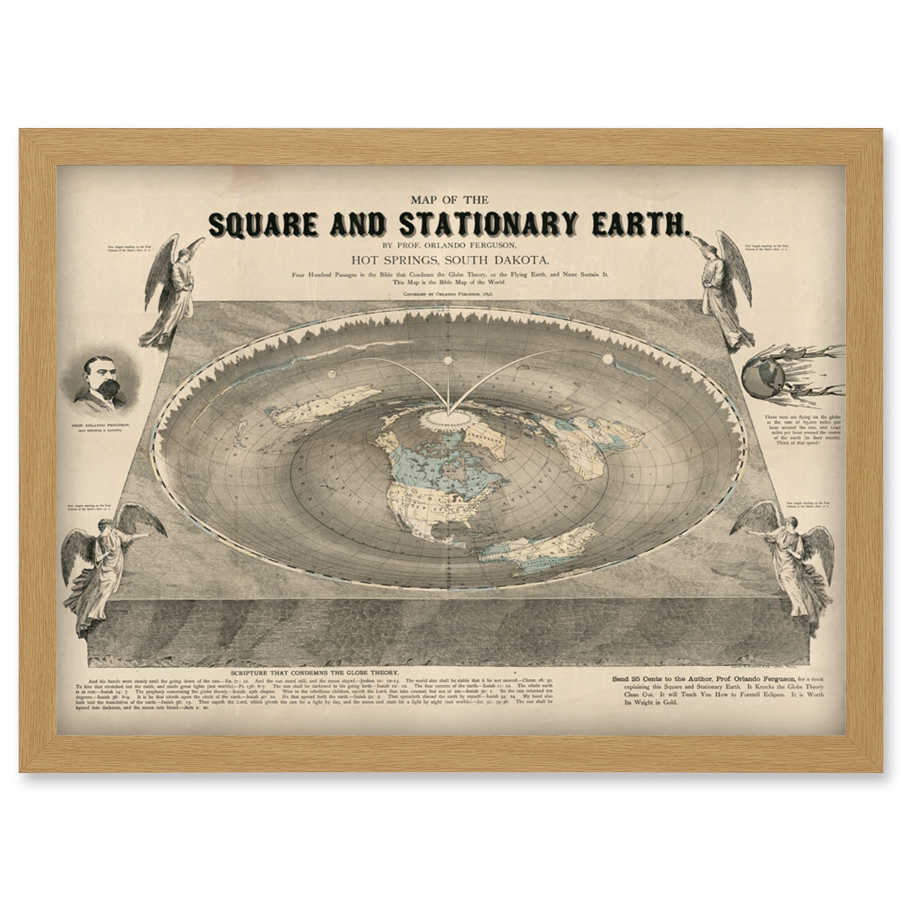 Artery8 Orlando Ferguson Vintage Map of the Square and Stationary Earth Flat Earth Artwork Framed Wall Art Print A4