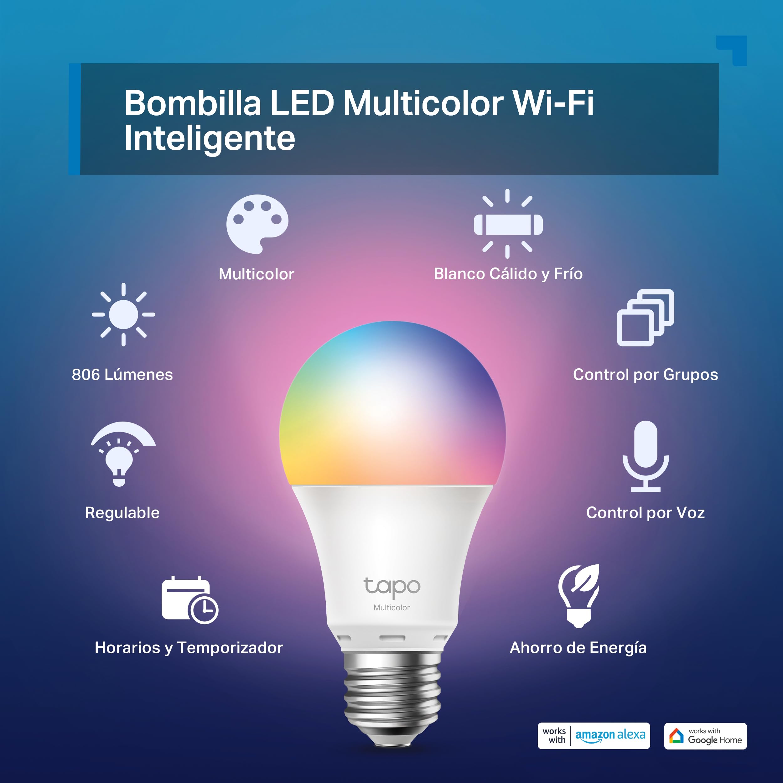 Tapo L530E – Bombilla LED inteligente Wi-Fi, multicolor, regulable, casquillo E27, 60W, 806 lúmenes, compatible con Alexa y Google Home, paquete de 2 (paquete de 1)