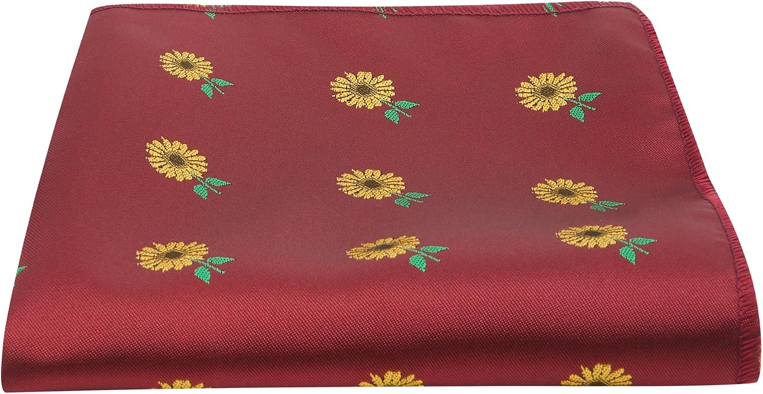 King & Priory Burgundy Red Embroidered Sunflower Pocket Square, Handkerchief