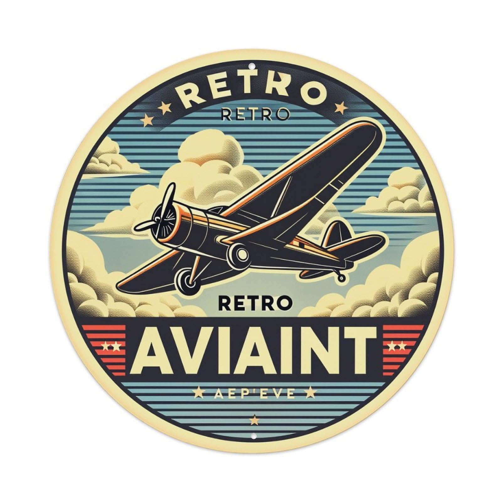Retro Airplane Sky Clouds Stripes Round Tin Sign Retro Metal Sign for Cafe Bar Pub Home Game Room Gym Club Wall Decoration Vintage Metal Poster 8x8 Inch