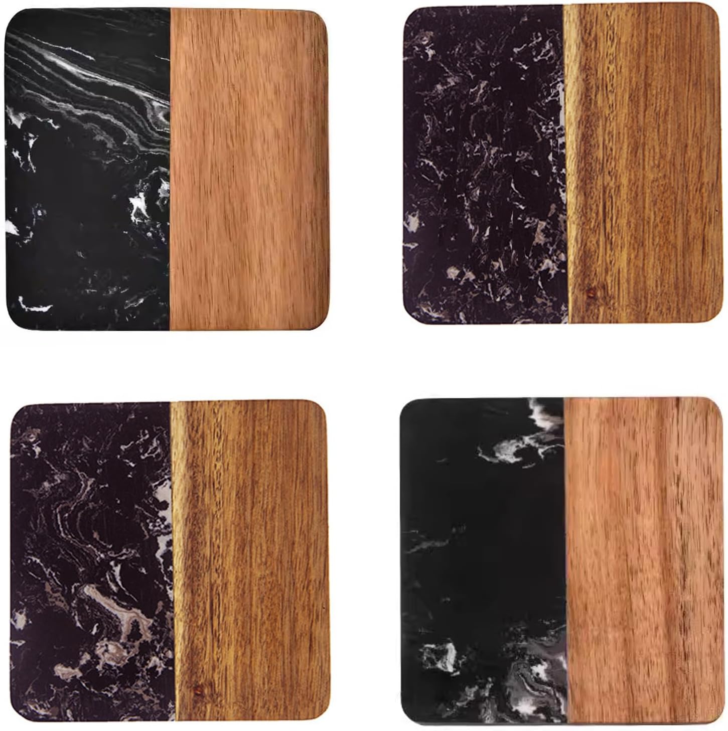I-LAN 4 Pack Acacia Wood and Black Marble Style Coasters, 4x4 Inch Square Modern Drink Coasters Set, Decorative Mixed Material Coasters for Coffee Table, Bar, and Housewarming Gift