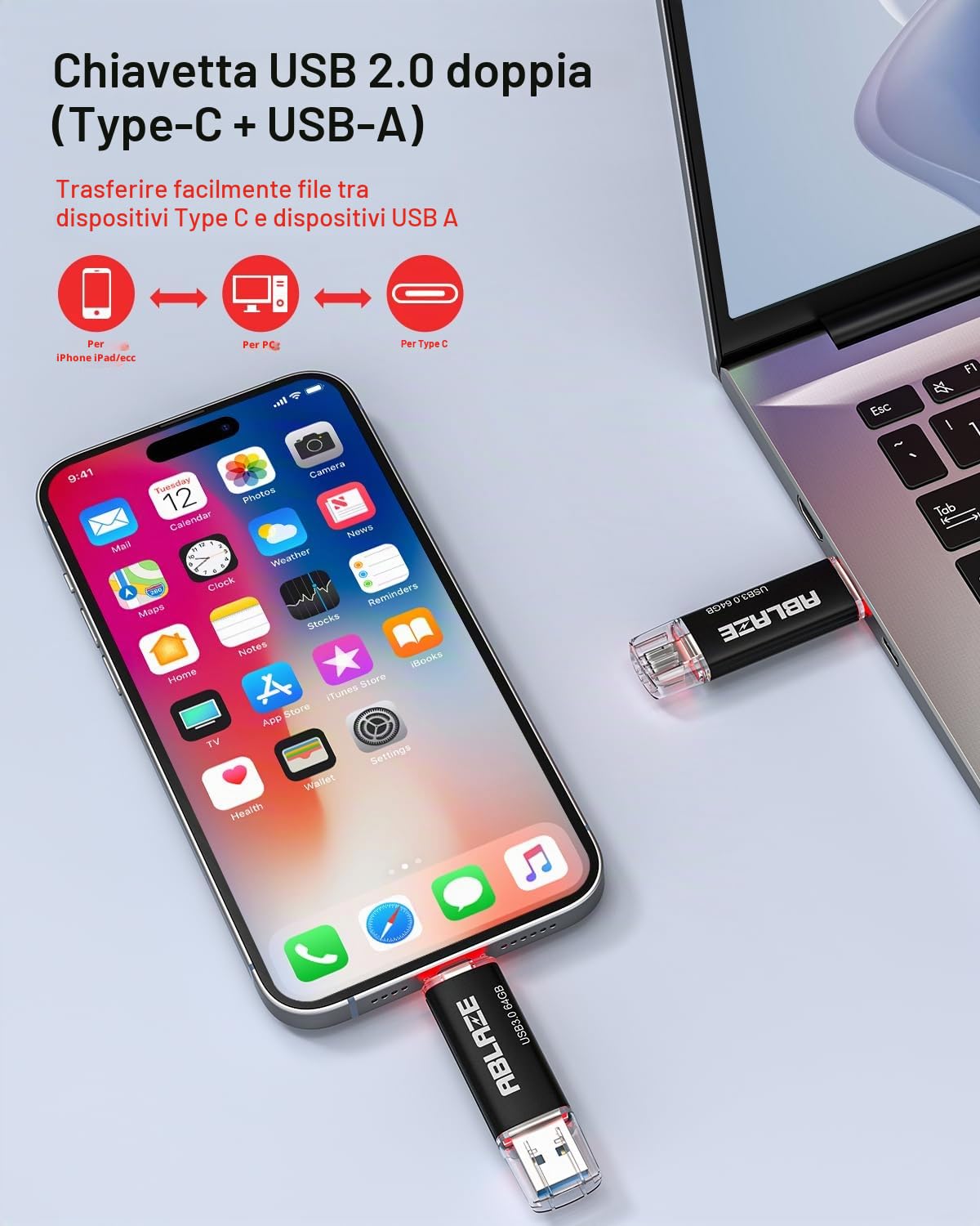 ABLAZE Chiavetta USB C da 16GB, confezione da 10 pezzi, doppia chiavetta USB 2.0, USB Type-C ad alta velocità, chiavetta di memoria thumb drive per archiviazione dati per smartphone USB C, tablet, Mac