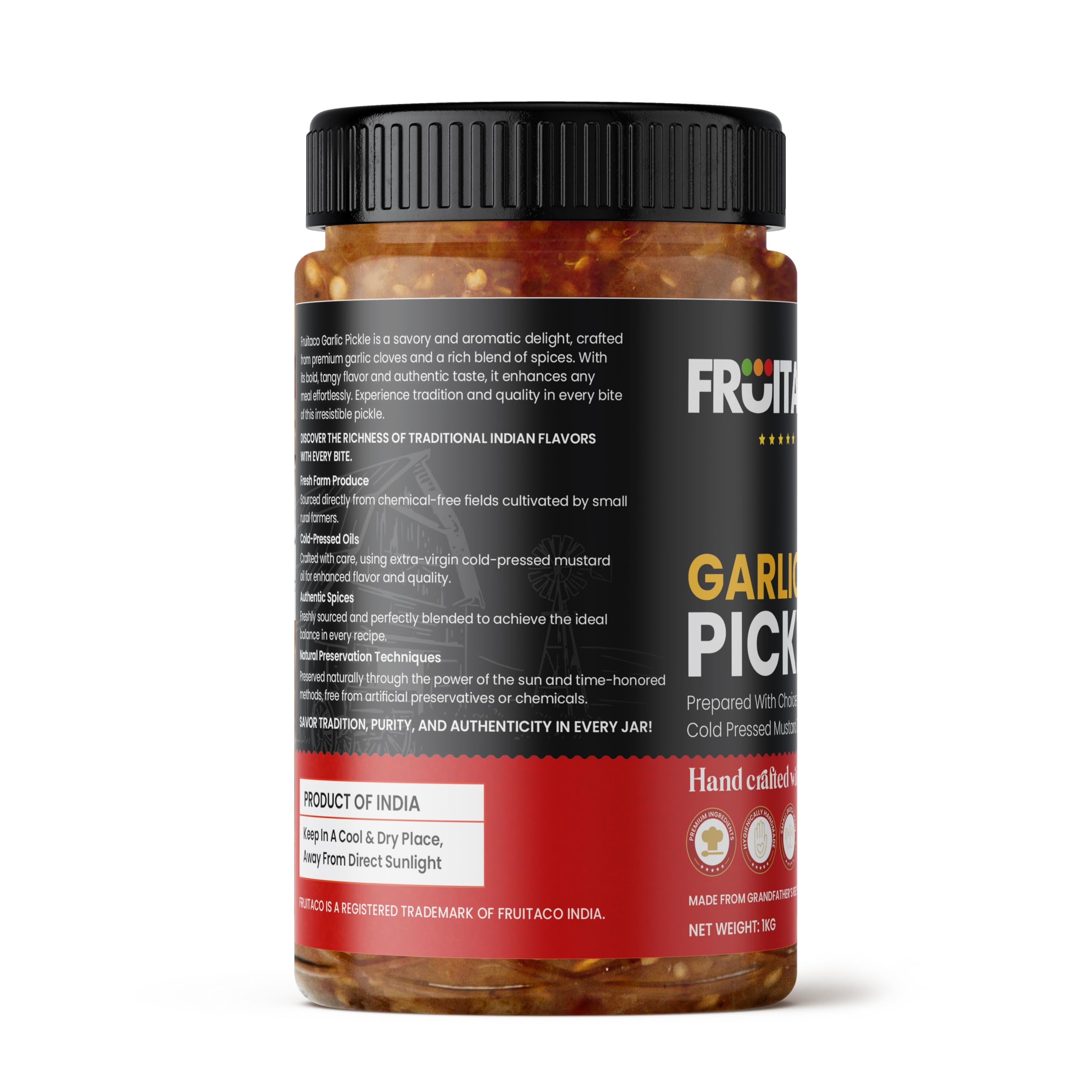 Fruitaco Garlic Pickle 1kg β Robust & Flavorful Indian Pickle for Garlic Lovers, Lahsun Ka Aachar 2